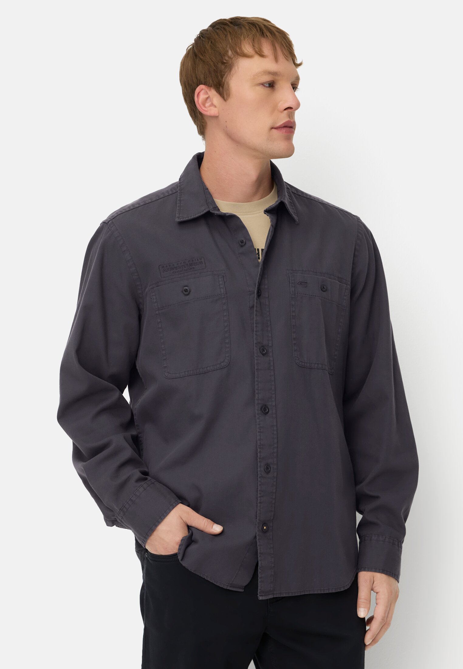 Men Long-sleeve shirt made of sturdy canvas Dark Blue worn front
