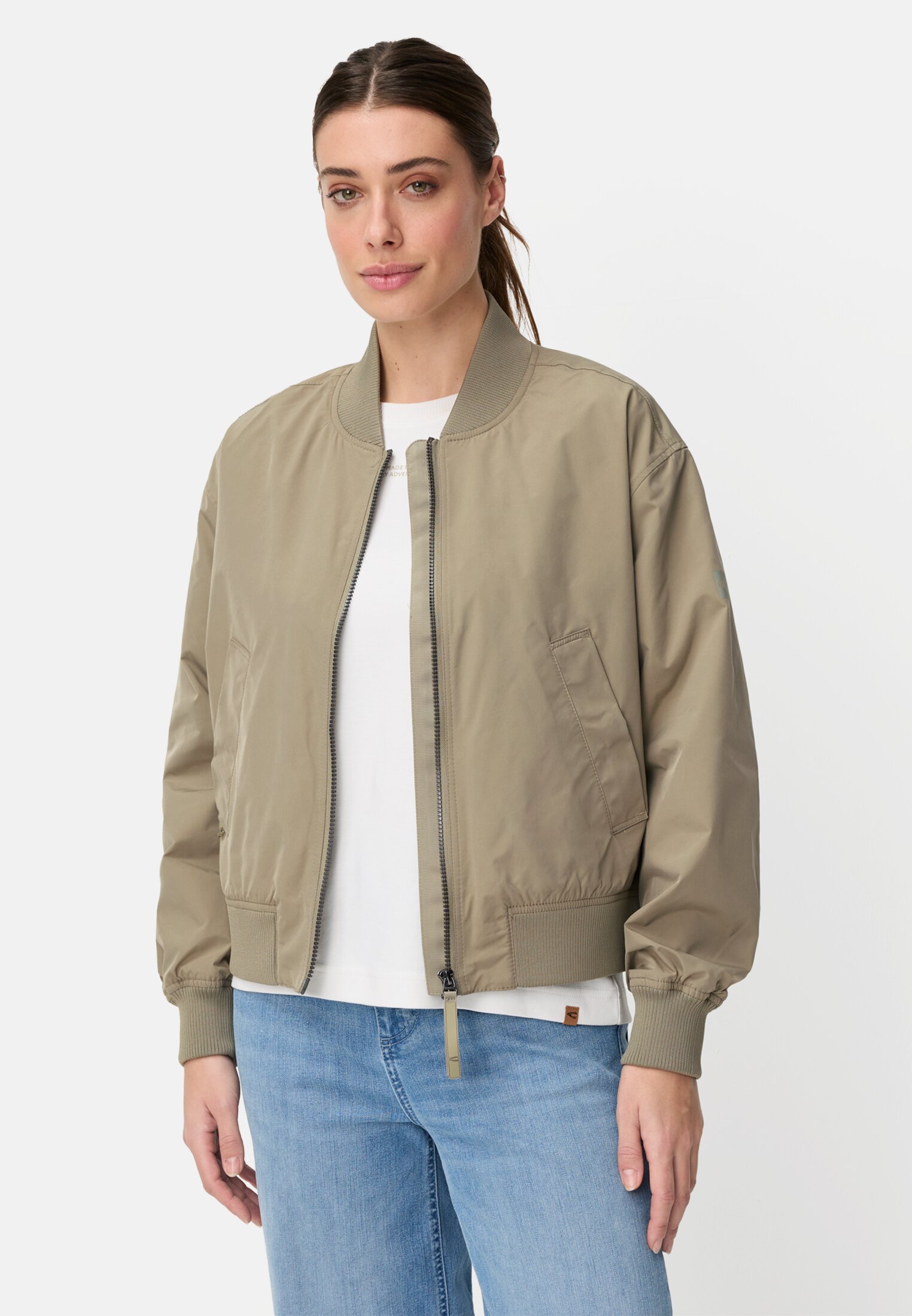 Women Bomber jacket with pockets Sage worn front
