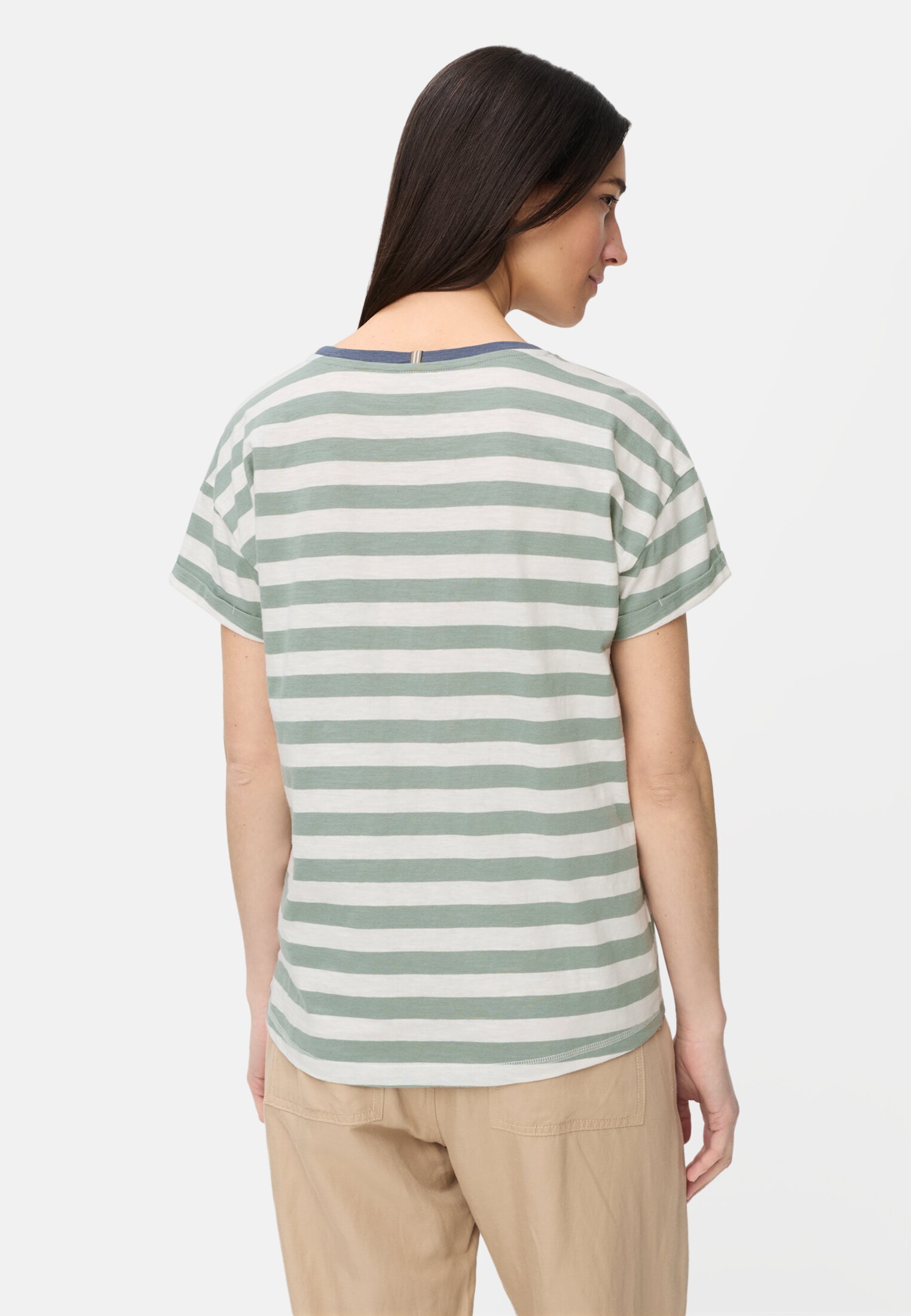 Damen T-Shirt aus reiner Baumwolle Jadeblau getragen hinten