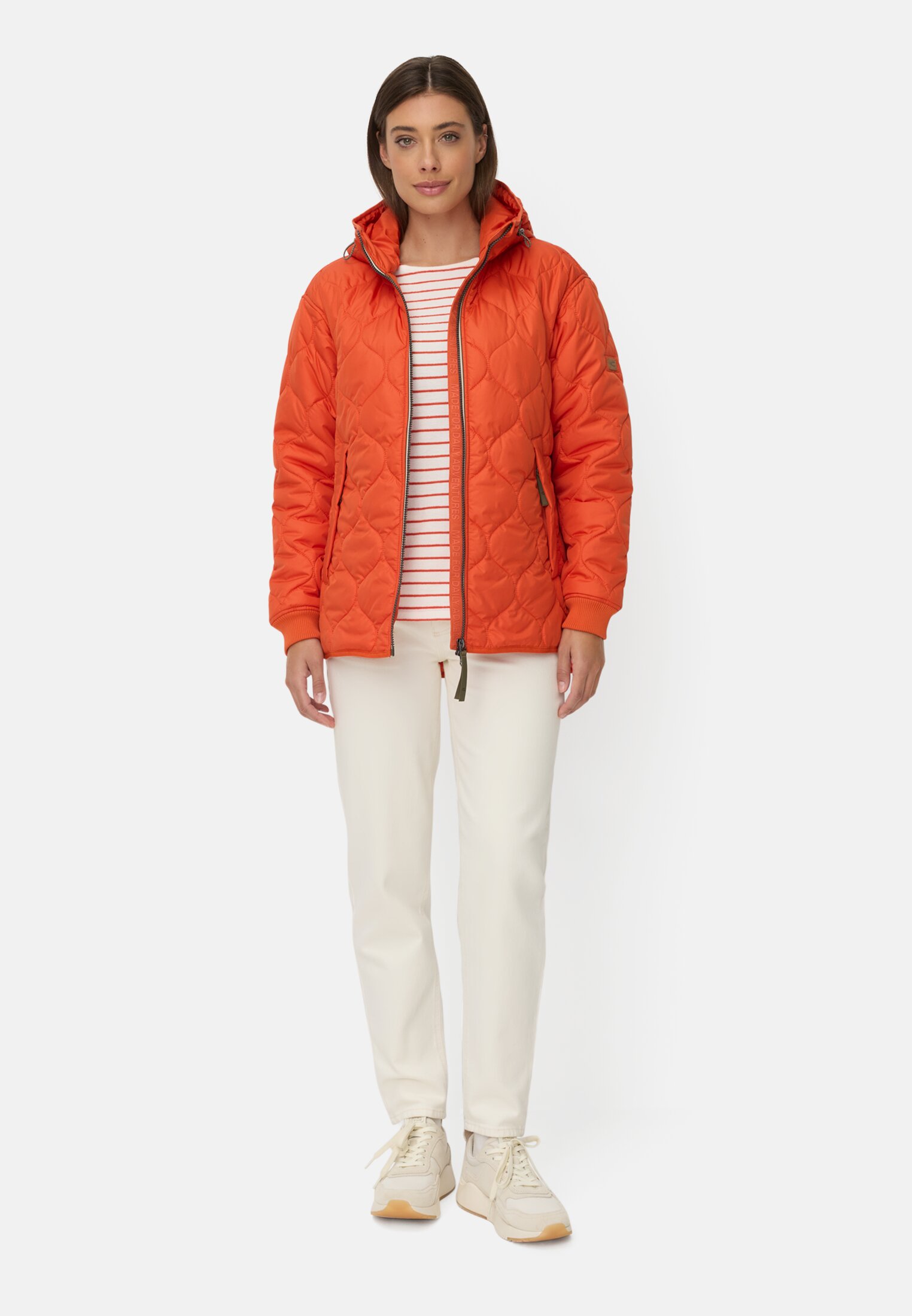 Women Water-repellent oversized jacket with 2-way zipper Orange worn front full body