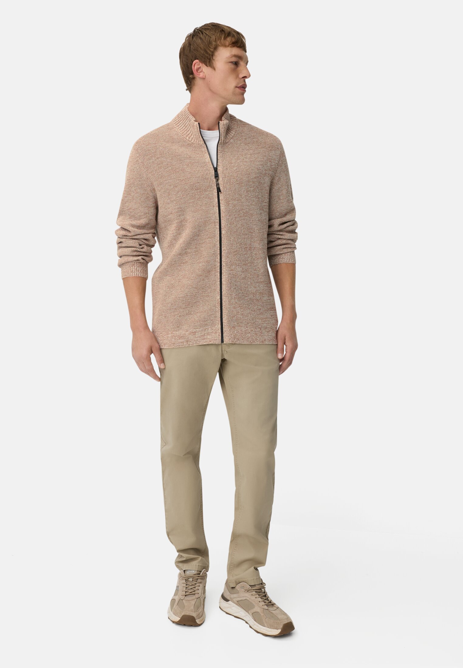 Men Knitted Cardigan made from a soft cotton blend Oats worn front full body