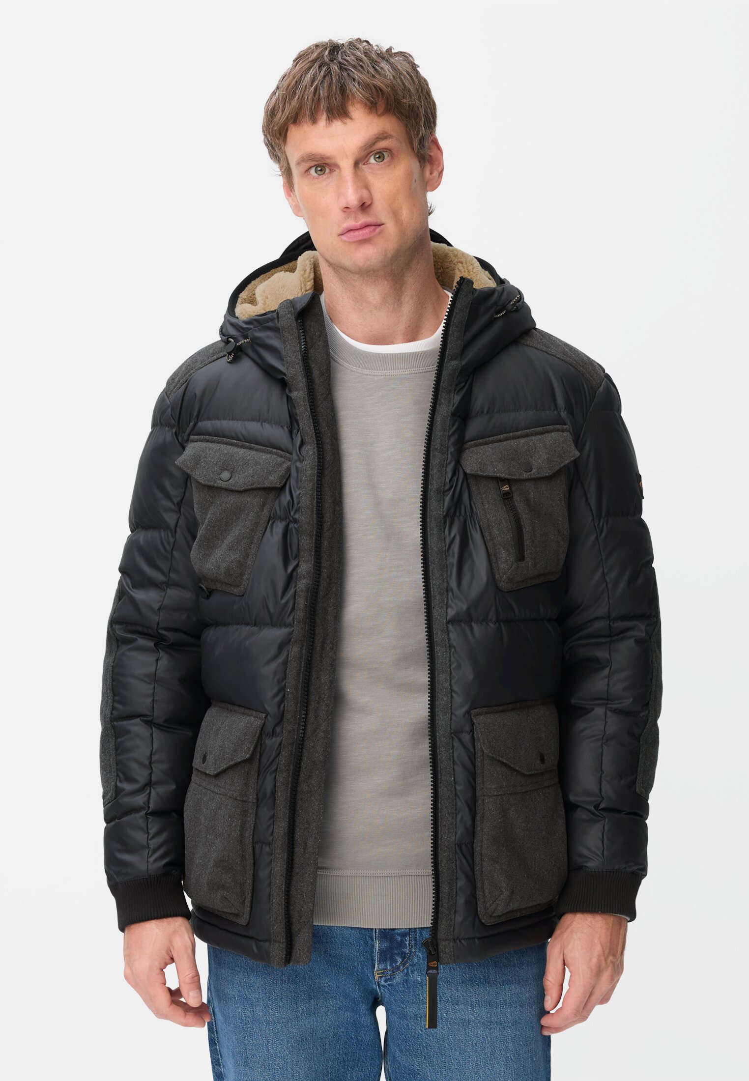 Men Field jacket with removable teddy lining Navy Blue worn front