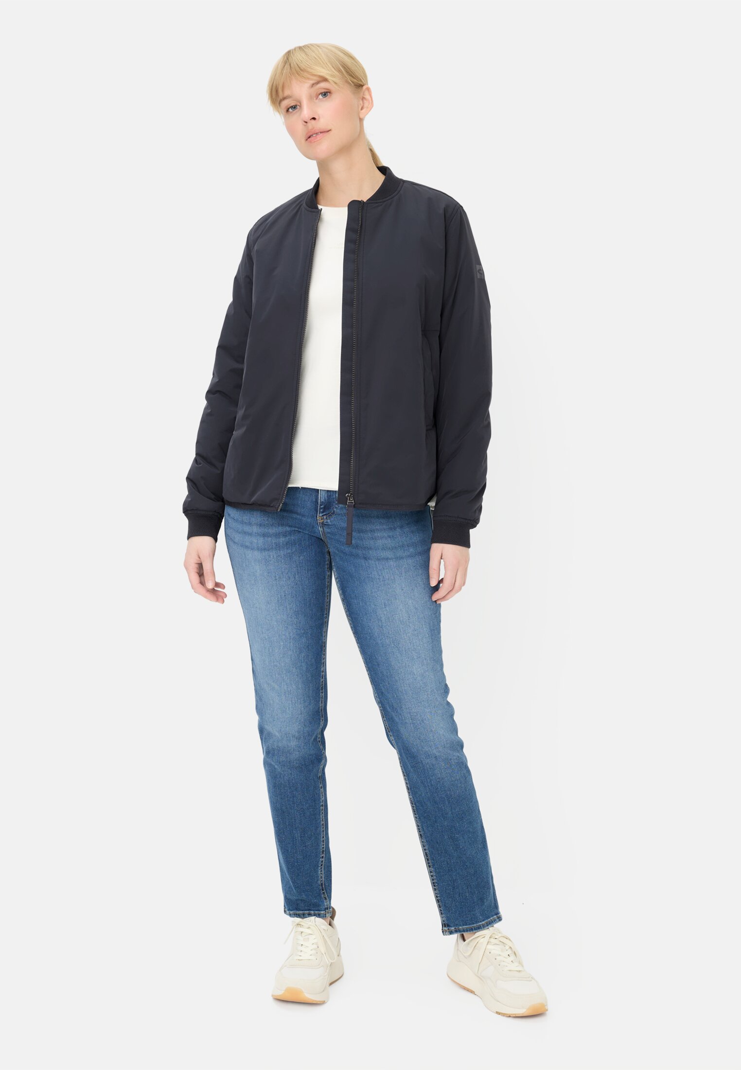 Women Jacket with 2-way zipper Navy Blue worn front full body