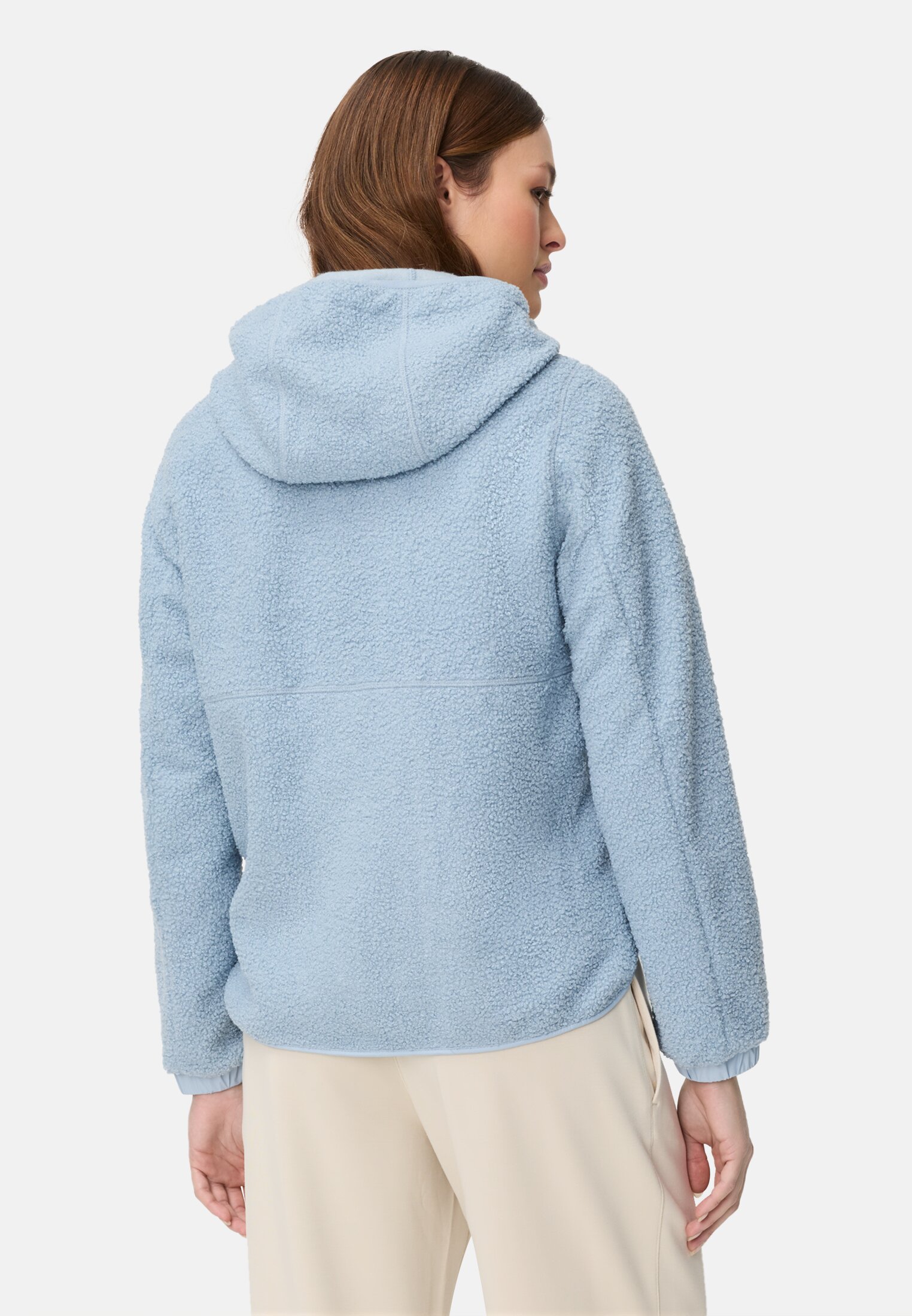 Damen Polar-Fleecejacke mit fester Kapuze Hellblau getragen hinten