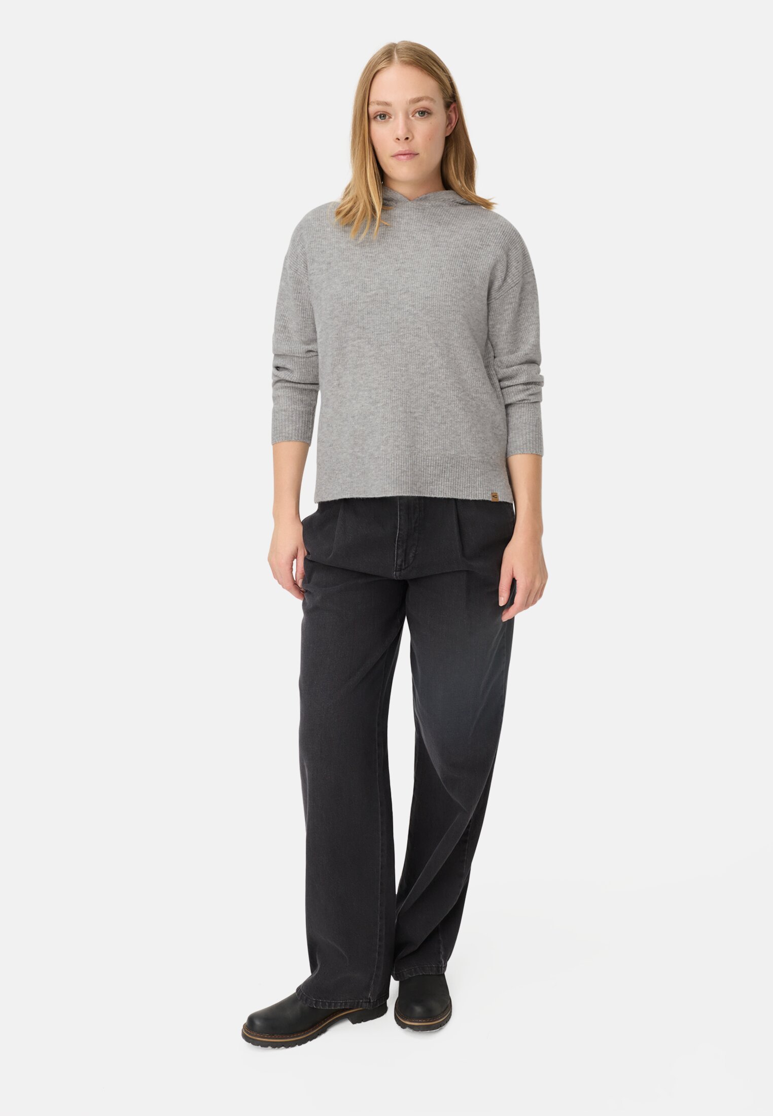 Women Knitted sweater with hood Gray worn front full body