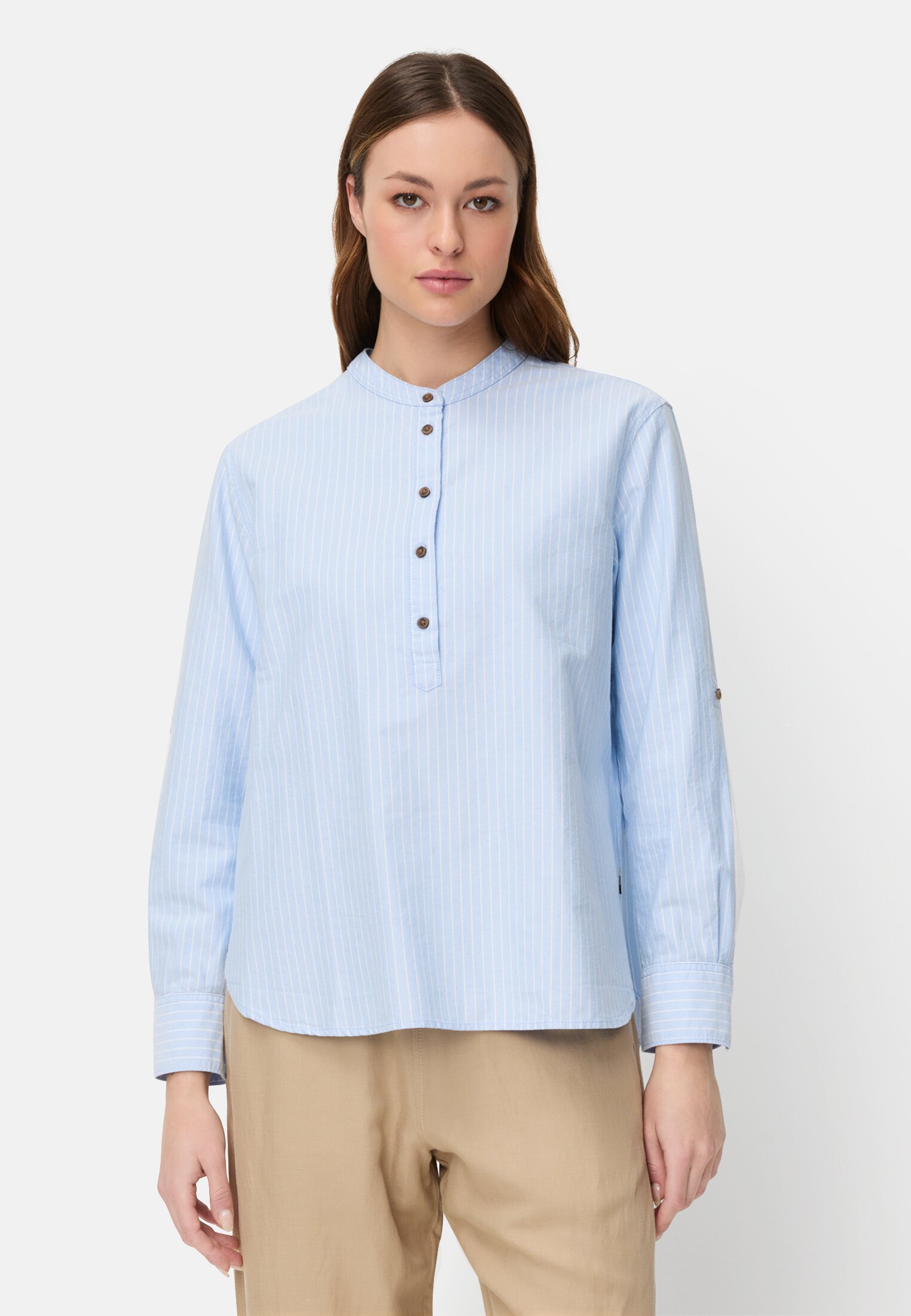 Women Striped blouse with roll-up sleeves Light Blue worn front