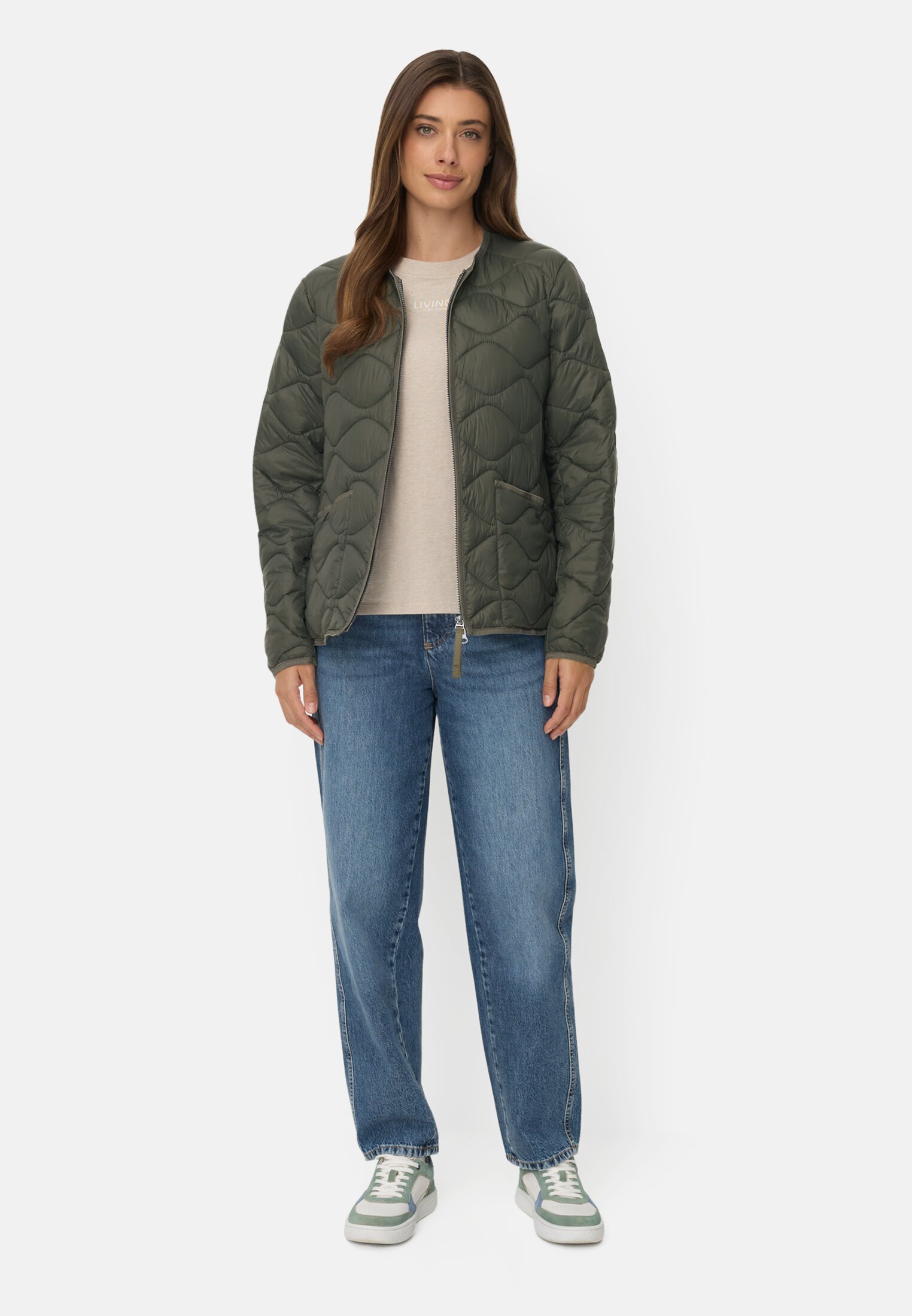 Women Quilted jacket with 2-way zipper Forest Green worn front full body