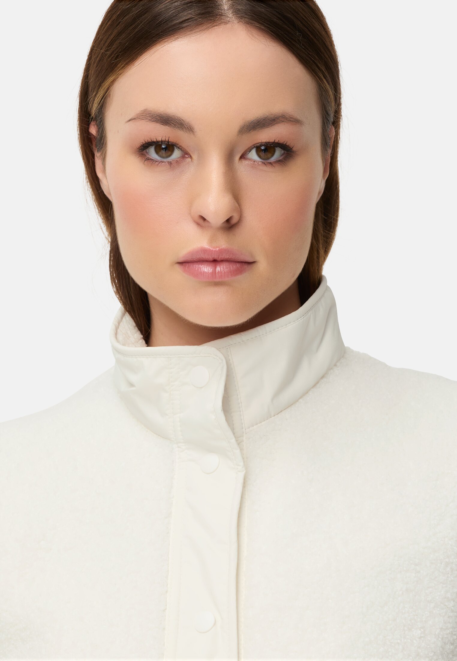 Vrouwen Teddyvest met opstaande kraag Melkwit gedragen detail dichtbij  