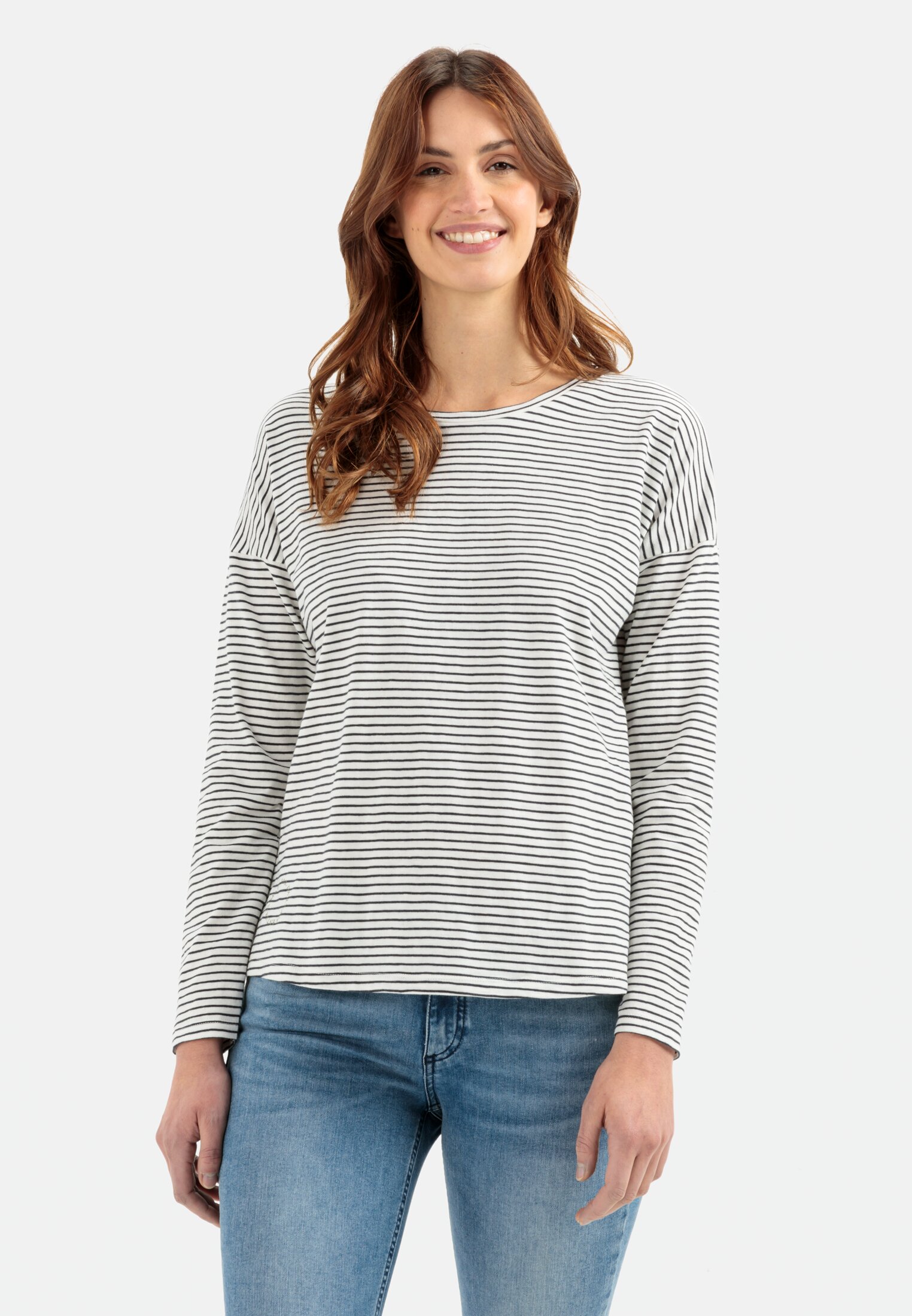 Women Organic cotton long sleeve shirt Dark Blue worn front