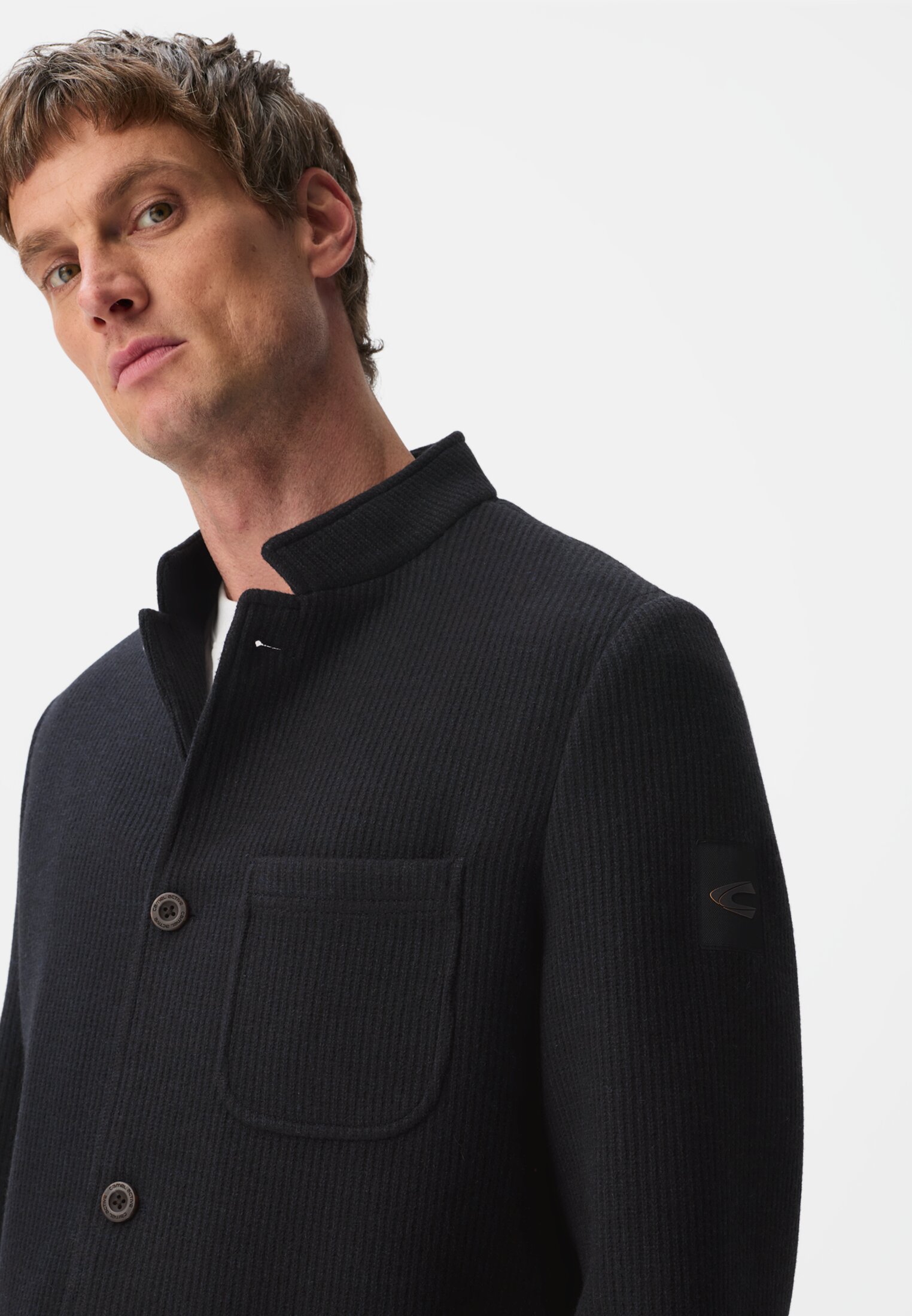 Men Indoor blazer with stand-up collar Navy blue worn detail close