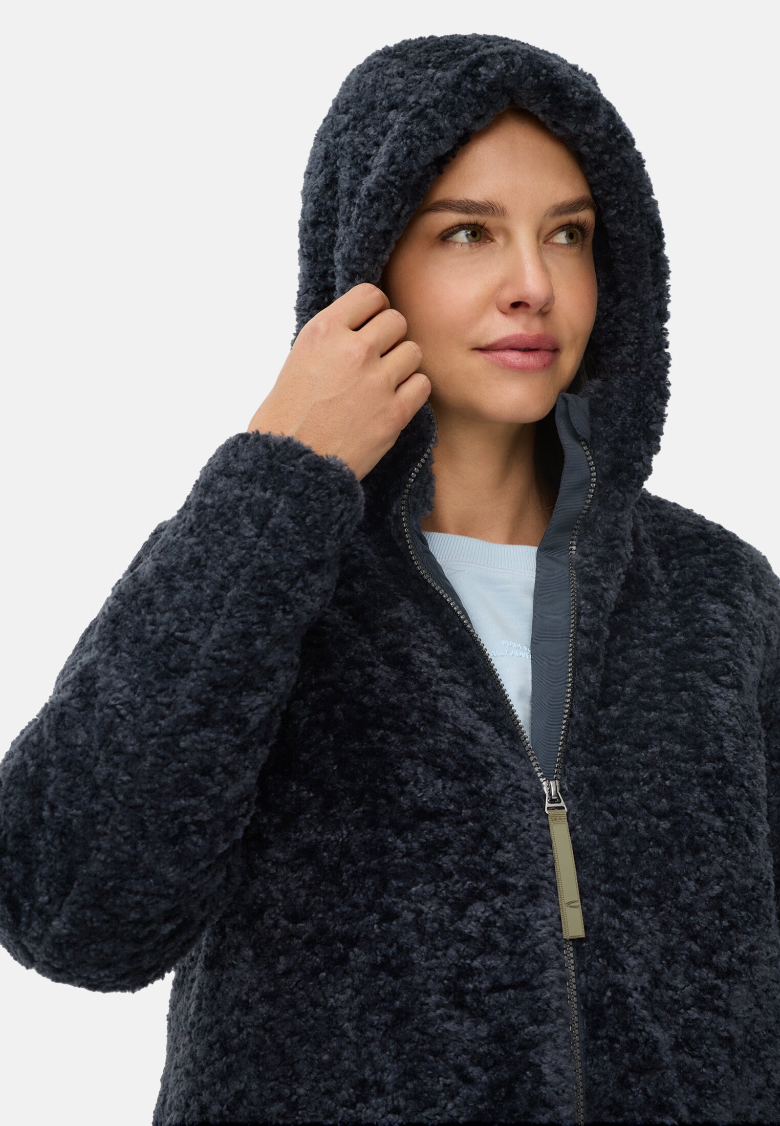 Damen Teddy Mantel mit Kapuze Navy getragen detailliert nah