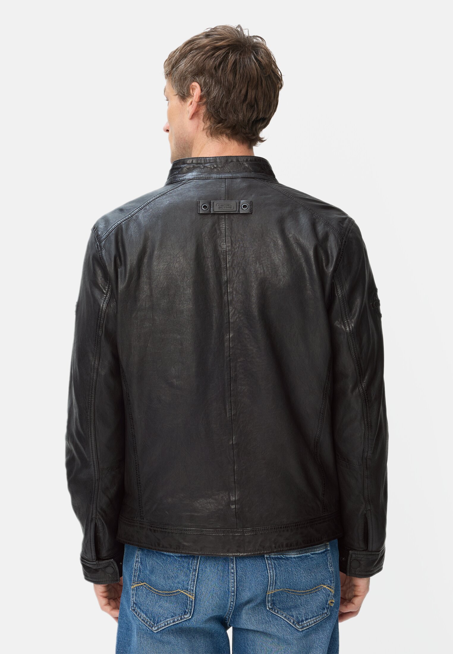 Herren Gefütterte Lederjacke mit zwei Innentaschen Schwarz getragen hinten