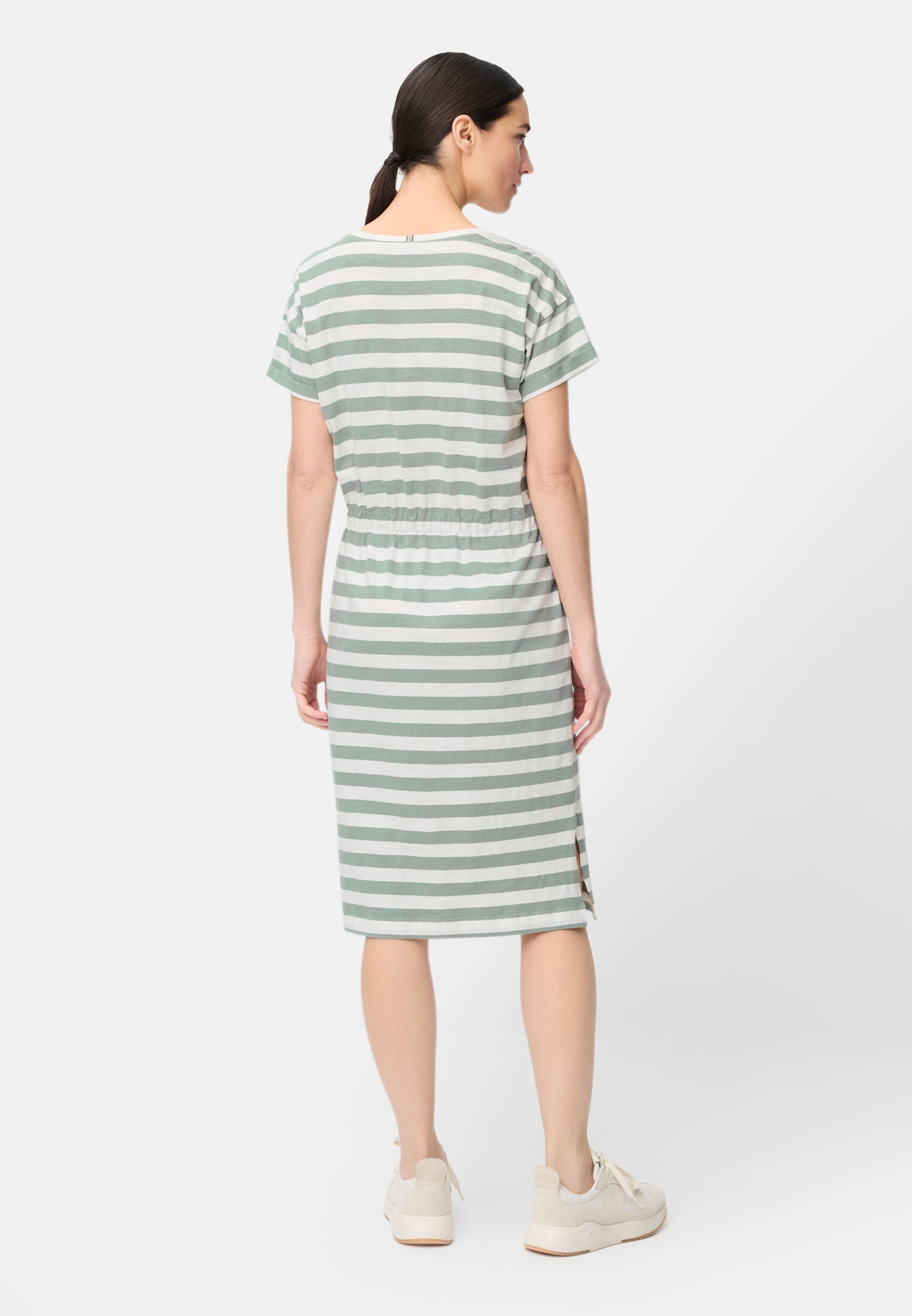 Damen Kleid mit Tunnelzug Jadeblau getragen hinten