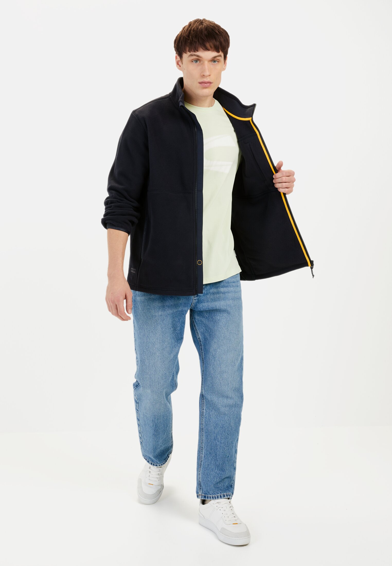 Men Fleece jacket with stand-up collar Dark Blue worn front full body