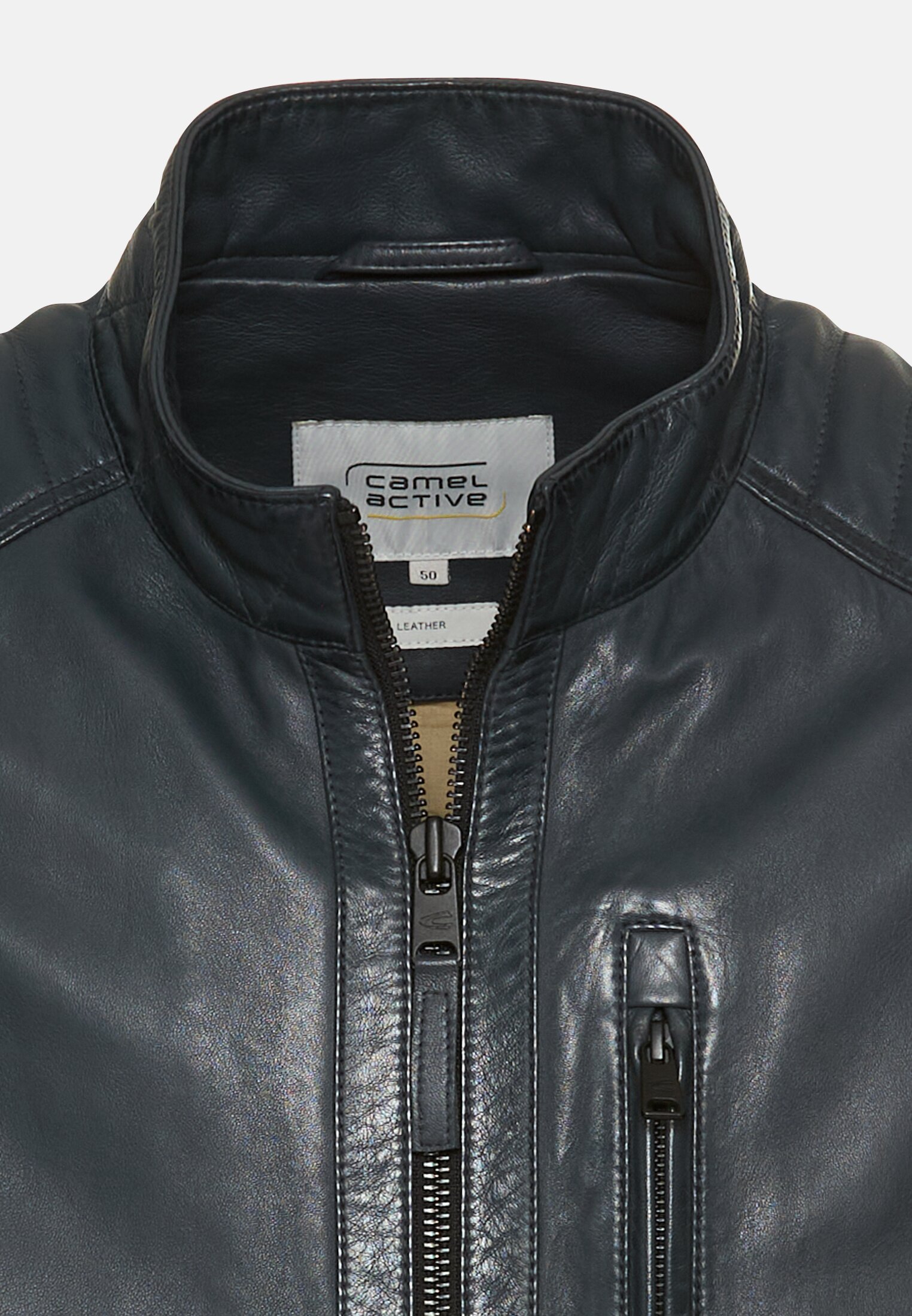 MI_431130-5L23-48_3G-00 Heren Leren jack met zakken met ritssluiting Donkerblauw front dichtbij