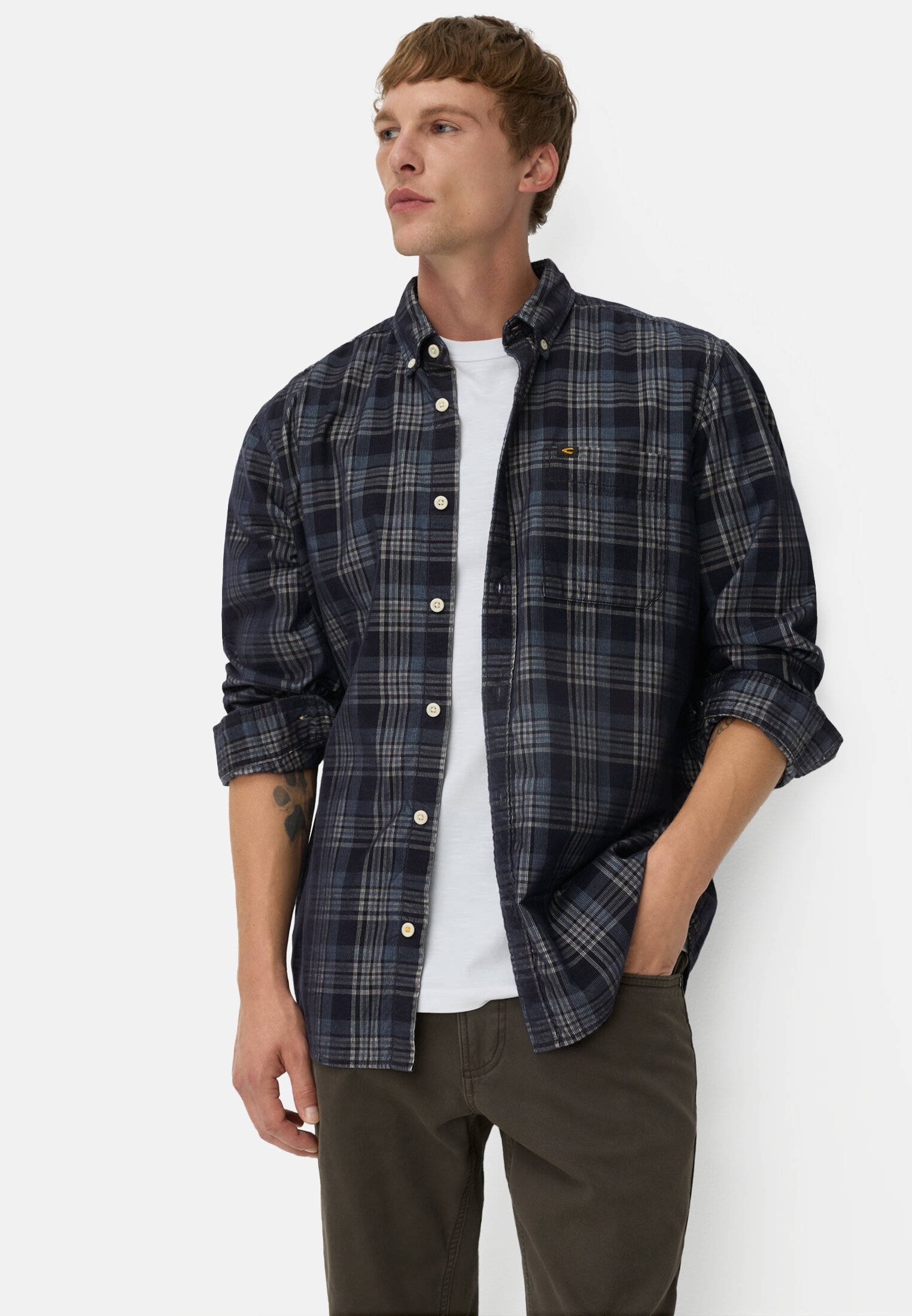 Men Checked long-sleeved shirt with chest pocket Navy blue worn emotional