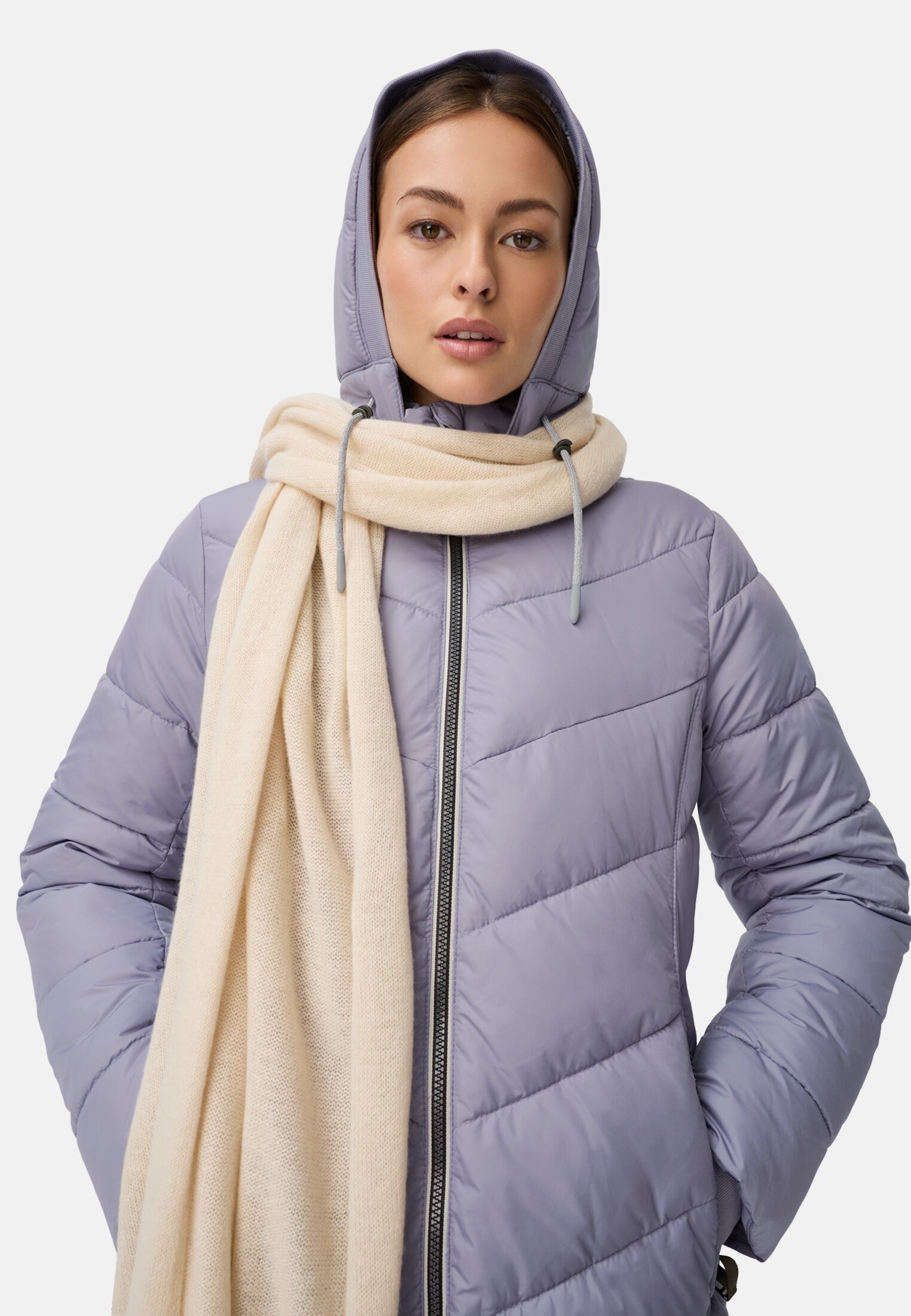 Women Padded jacket with detachable hood Purple worn emotional
