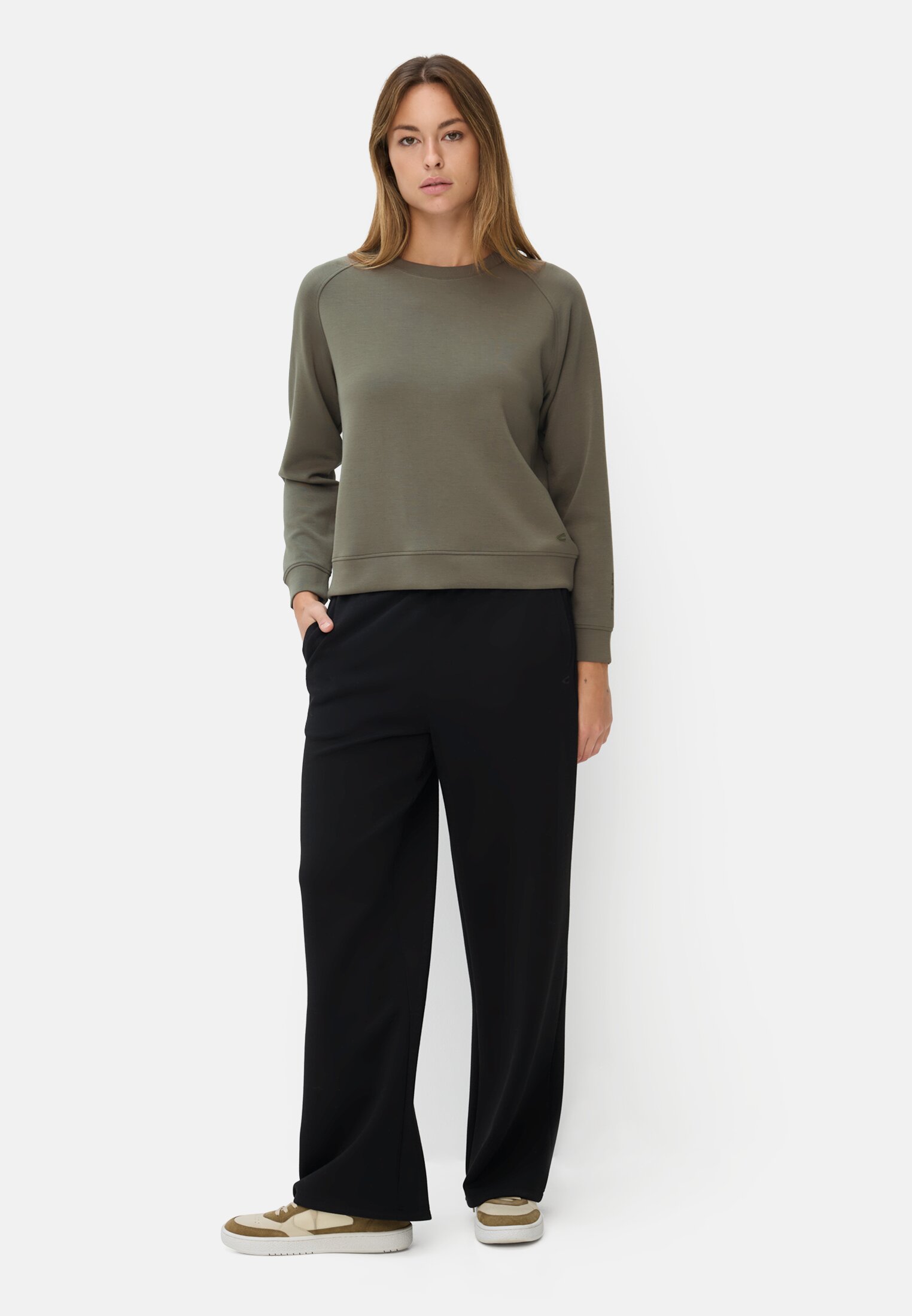 Women Sweatshirt with raglan sleeves Dark Green worn front full body