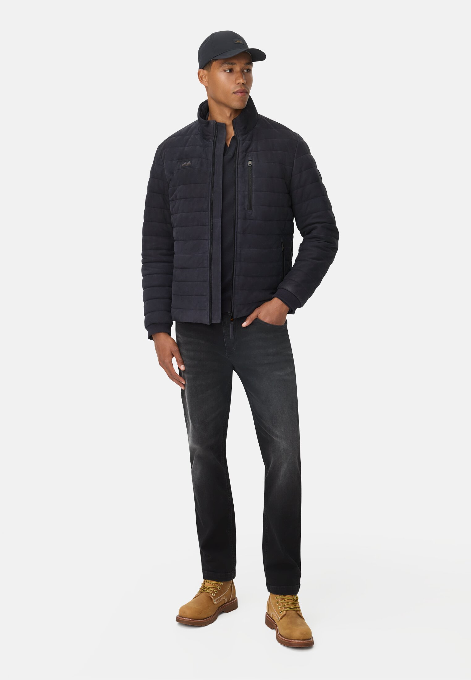 Men Leather jacket with stand-up collar and chest pocket Navy blue worn front full body