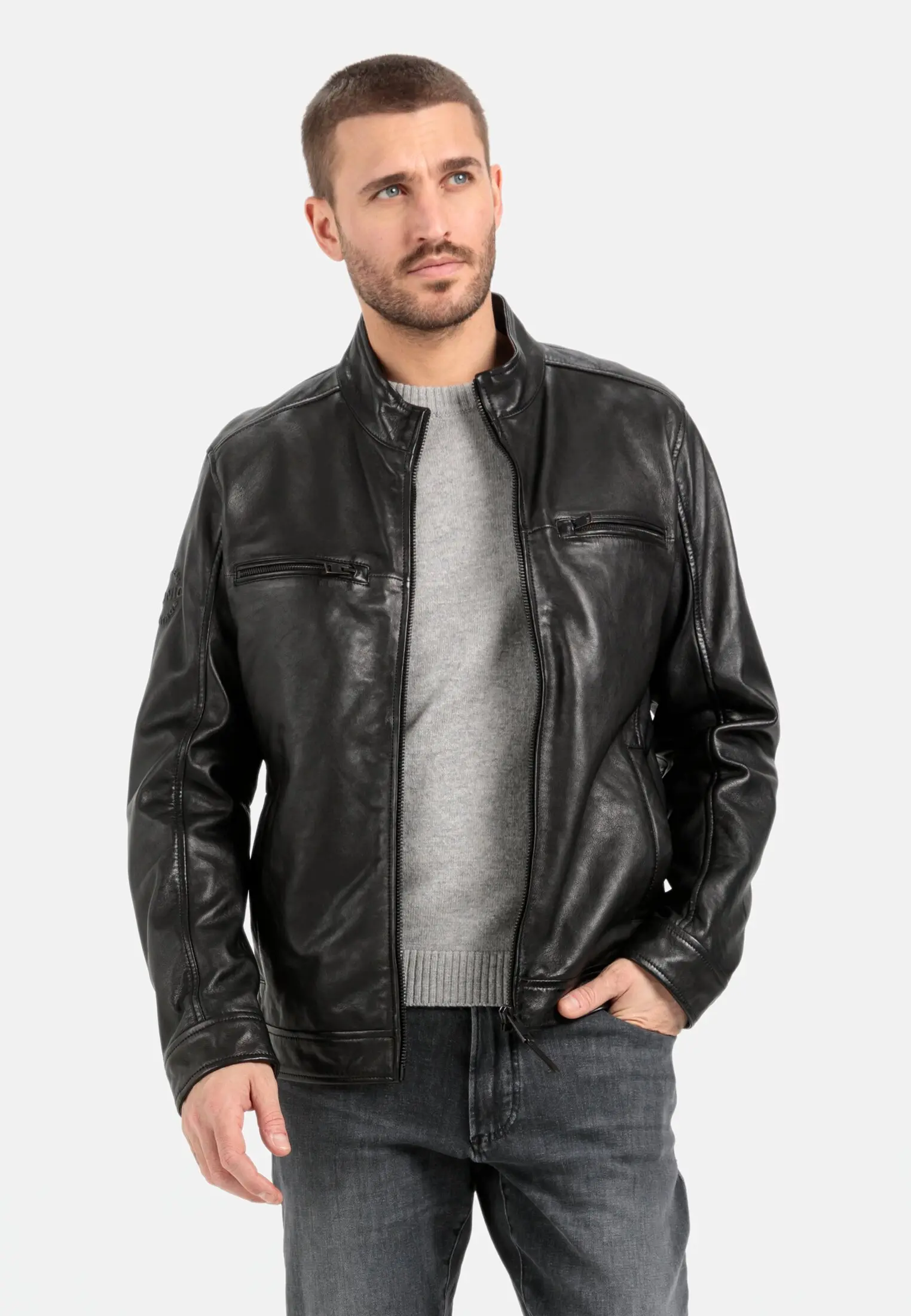 Biker leather jacket for Men in black camel active