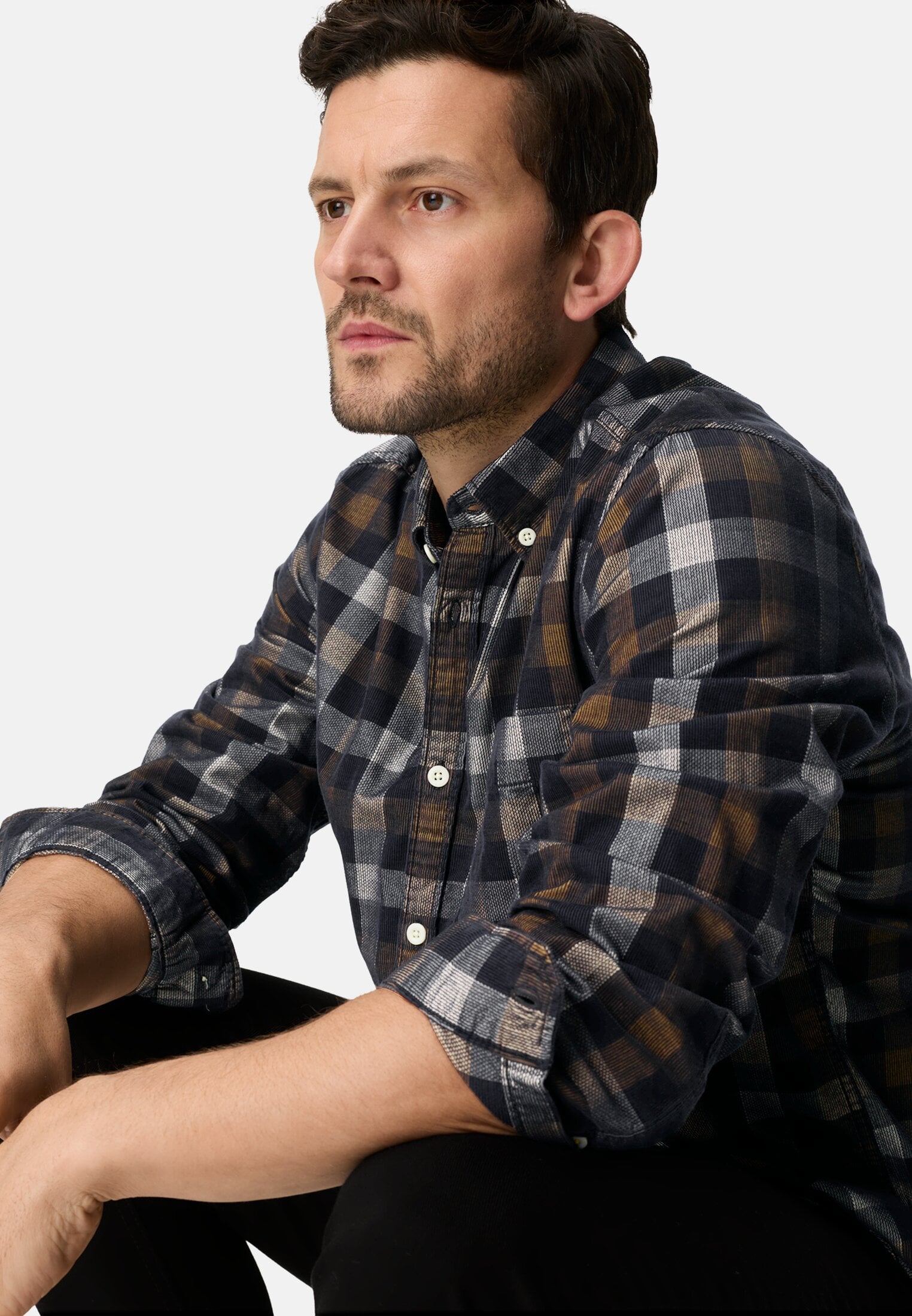 Heren Geruit overhemd met lange mouwen en borstzak Donkerbruin gedragen emotional 