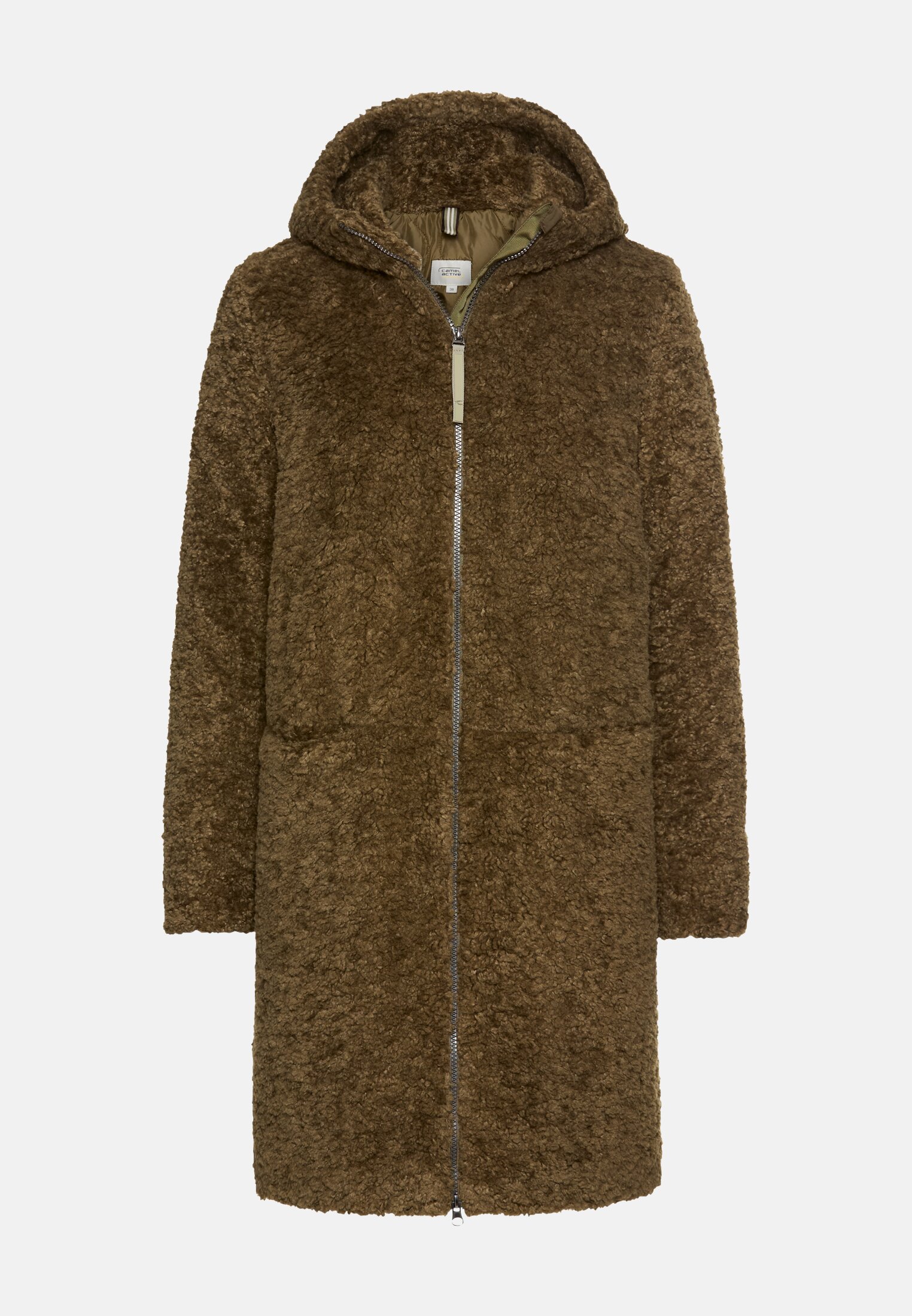 Damen Teddy Mantel mit Kapuze Dunkelkhaki frontal vorn