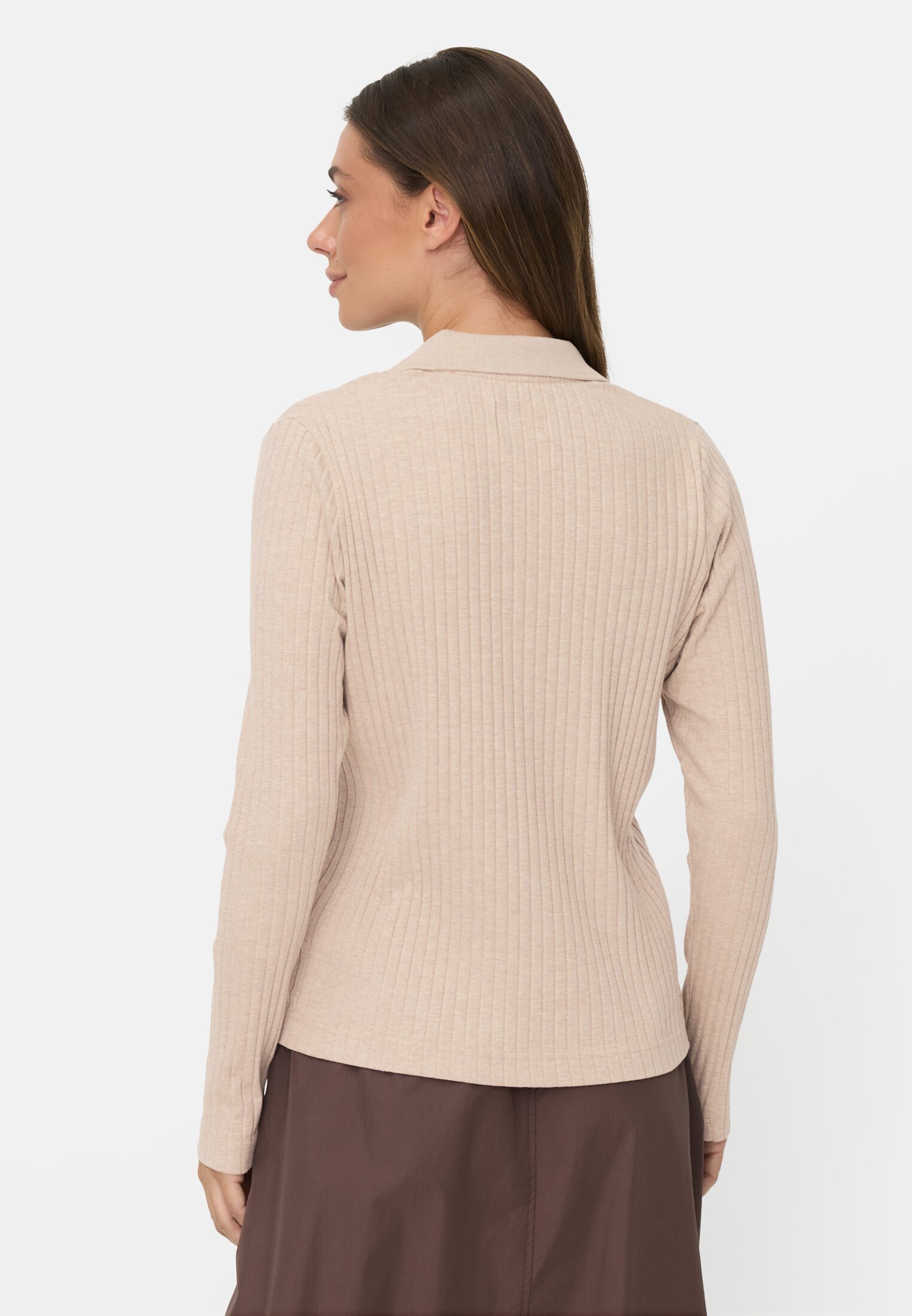 Vrouwen Jerseyshirt met geribbelde kraag Beige gedragen achter
