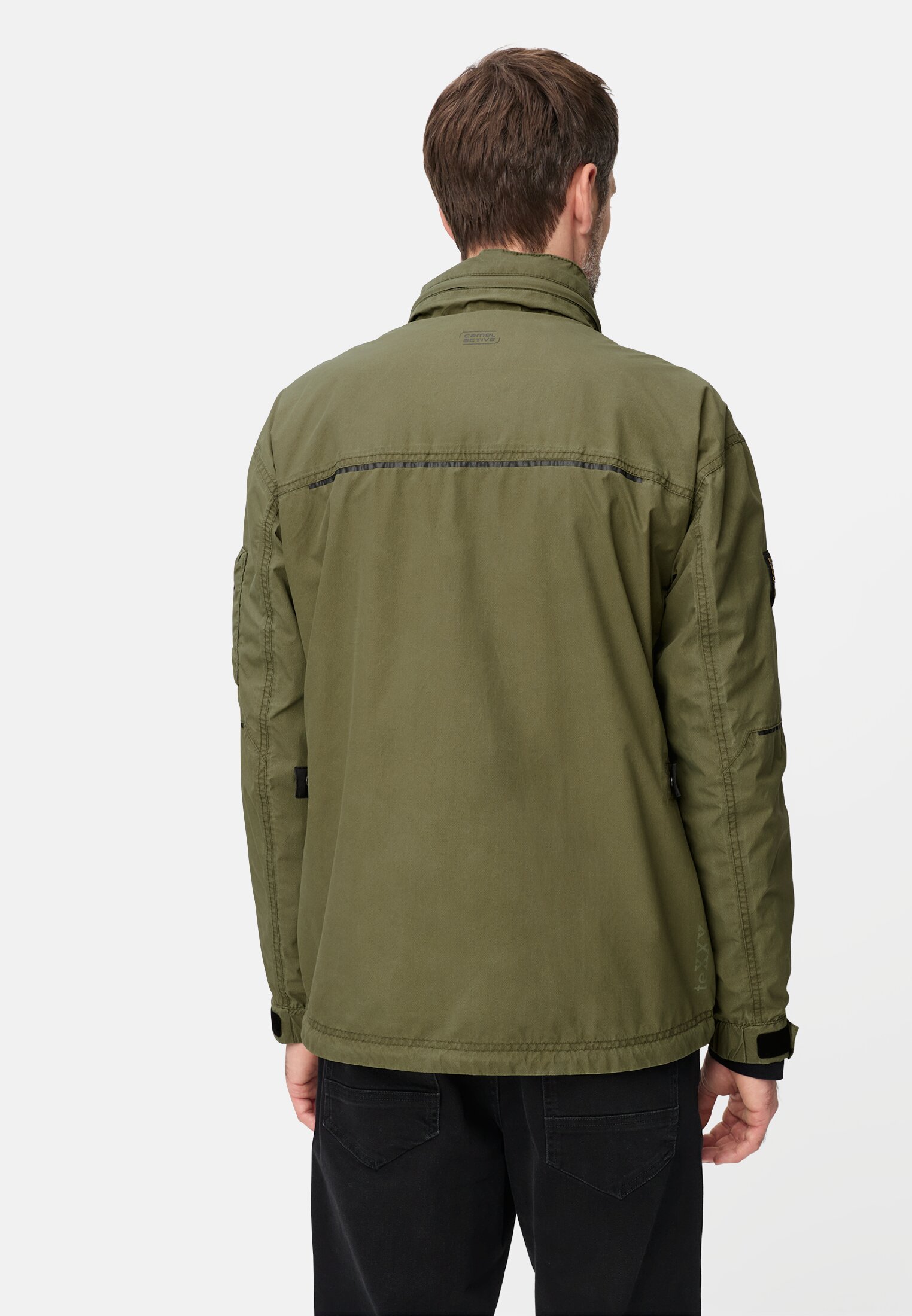 Men teXXXactive® jacket with roll-up hood Olive Green worn back