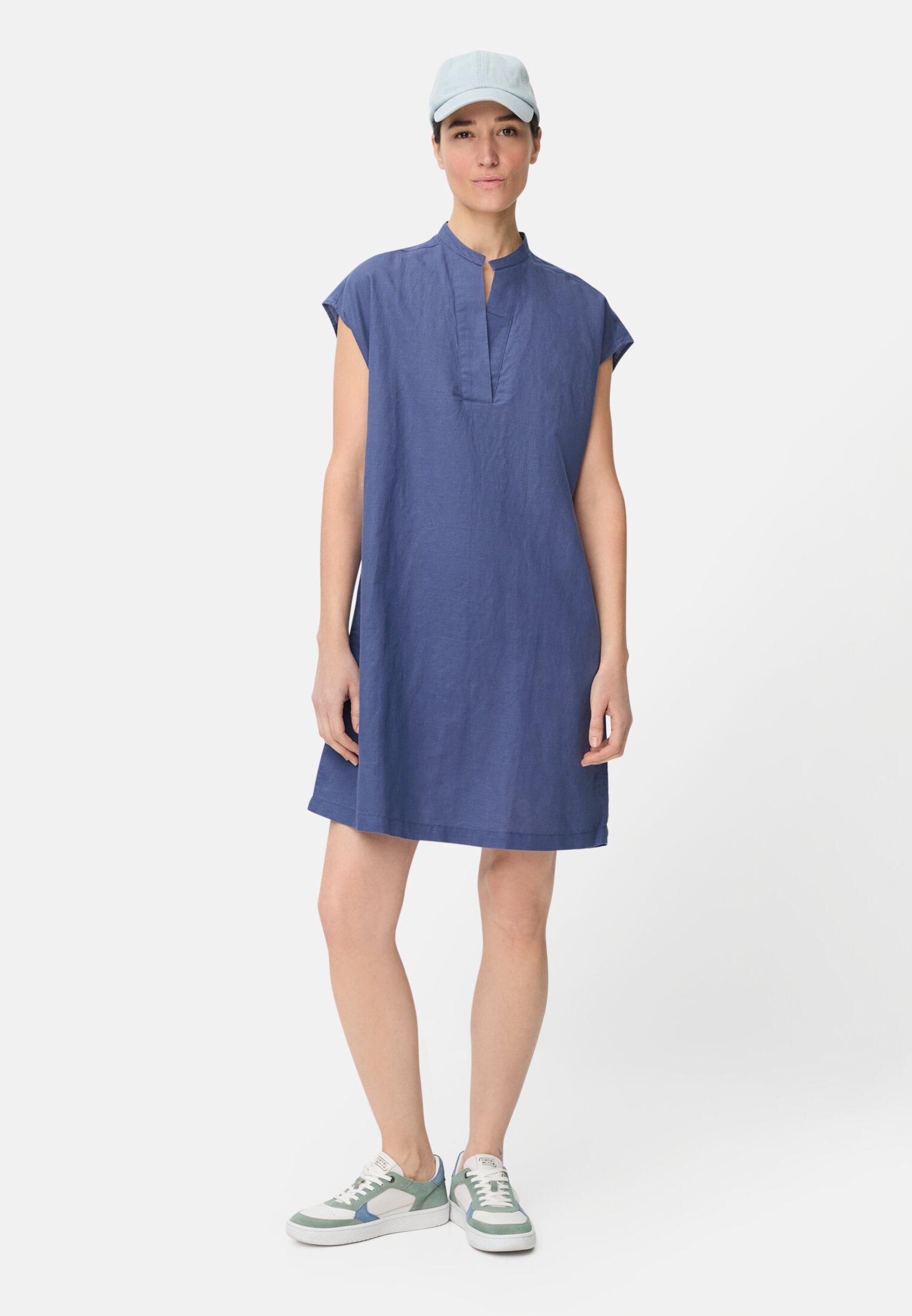 Women Dress with side pockets Ocean Blue worn front full body