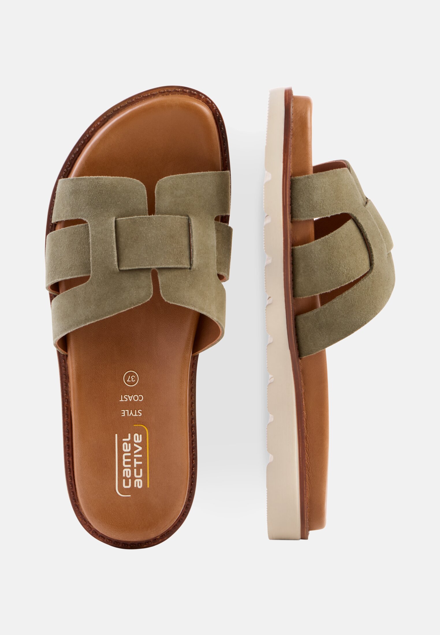 Damen Pantolette mit gepolstertem Lederfußbett Khaki frontal oben