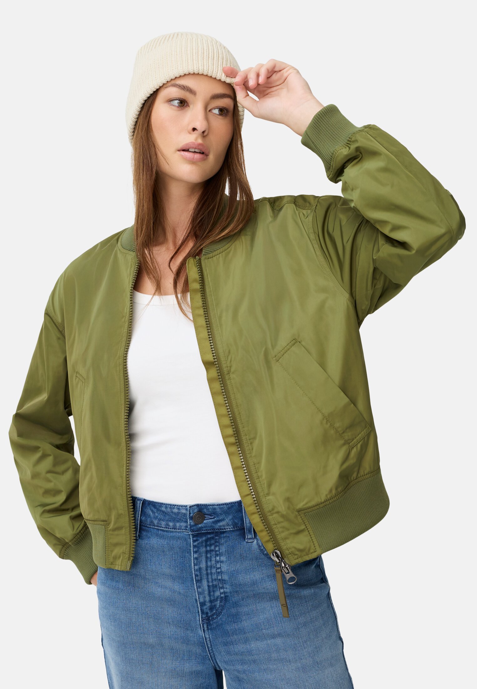 Women Bomber jacket with 2-way zipper Olive worn front