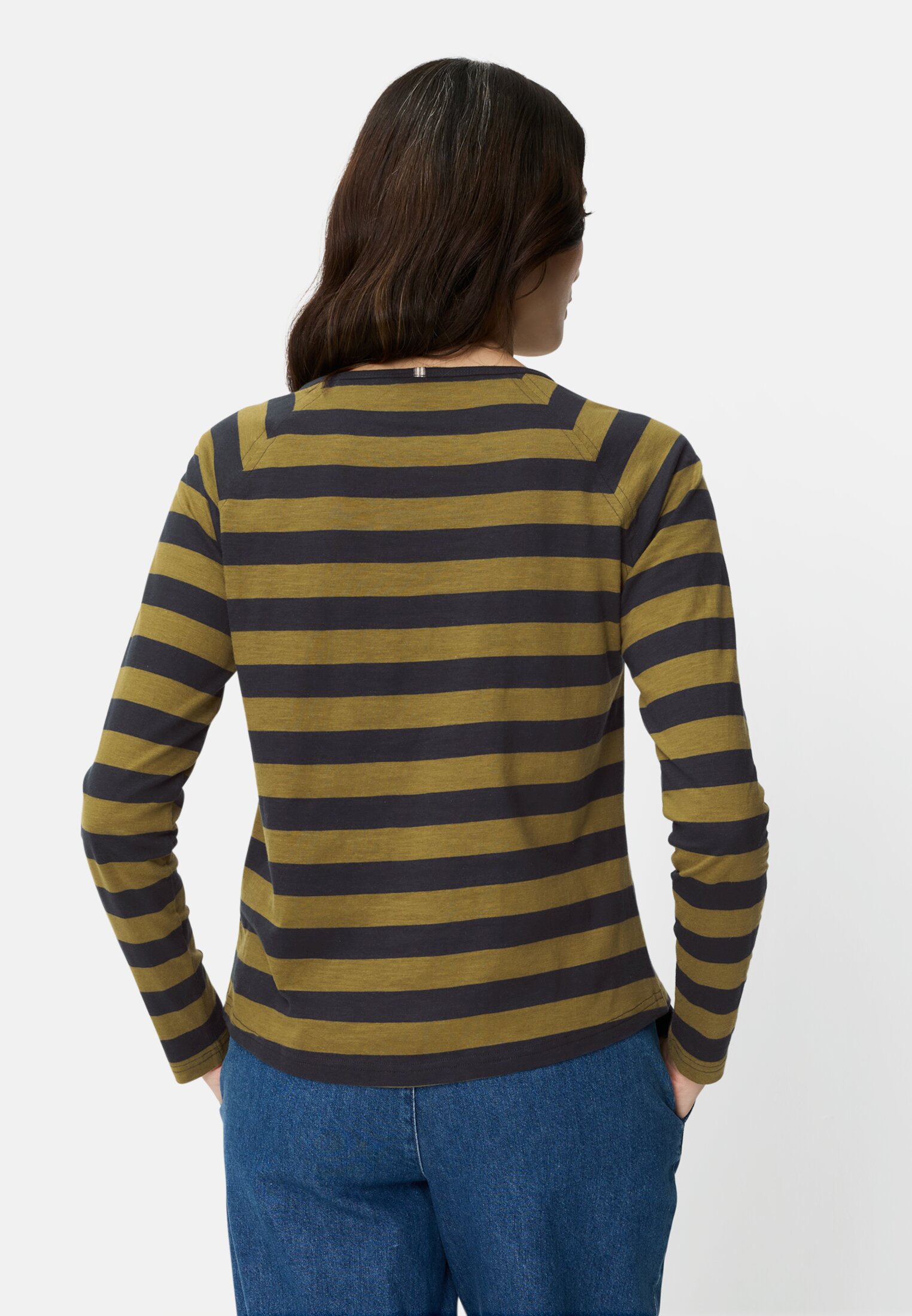 Damen Gestreiftes Langarmshirt mit Raglanärmeln Oliv getragen hinten