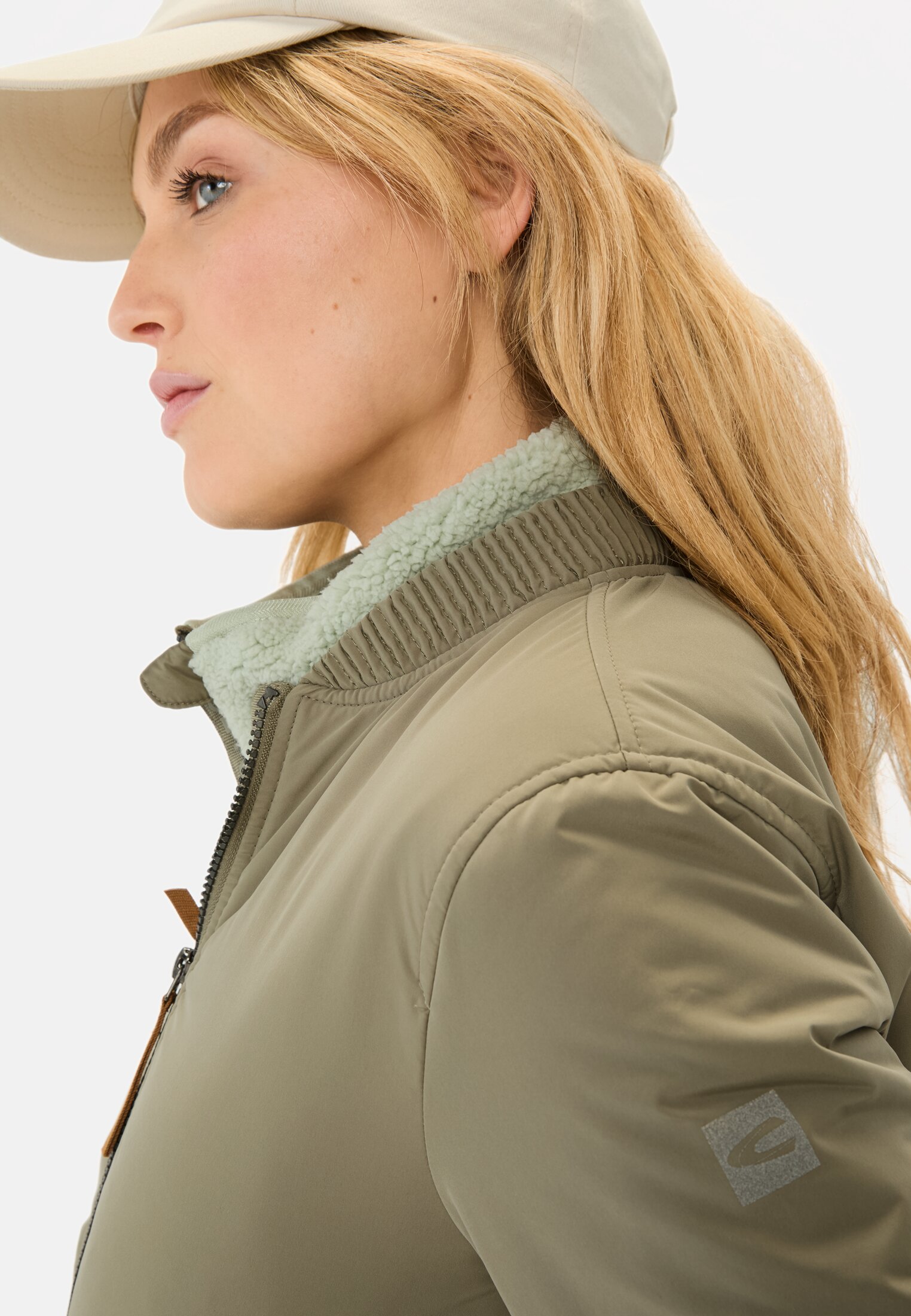 Women Recycled polyester coat Sage worn detail close