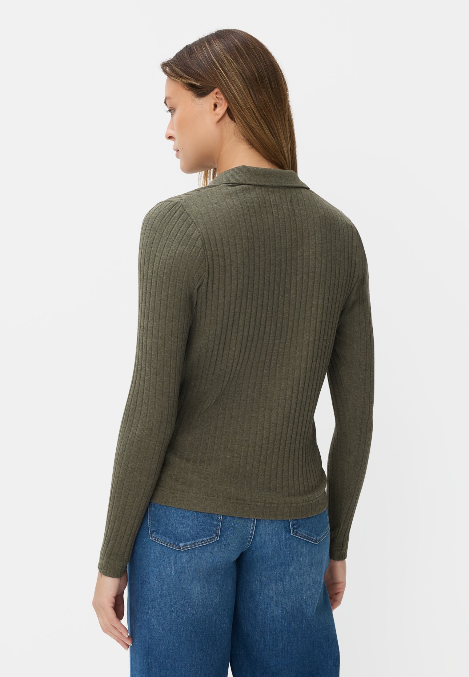Damen Jersey-Shirt mit geripptem Kragen Dunkelgrün getragen hinten