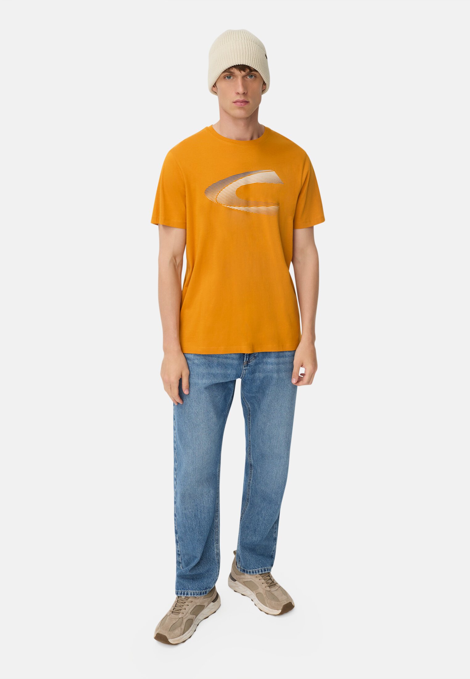 Men Printed T-shirt made from sustainable organic cotton Yellow worn front full body