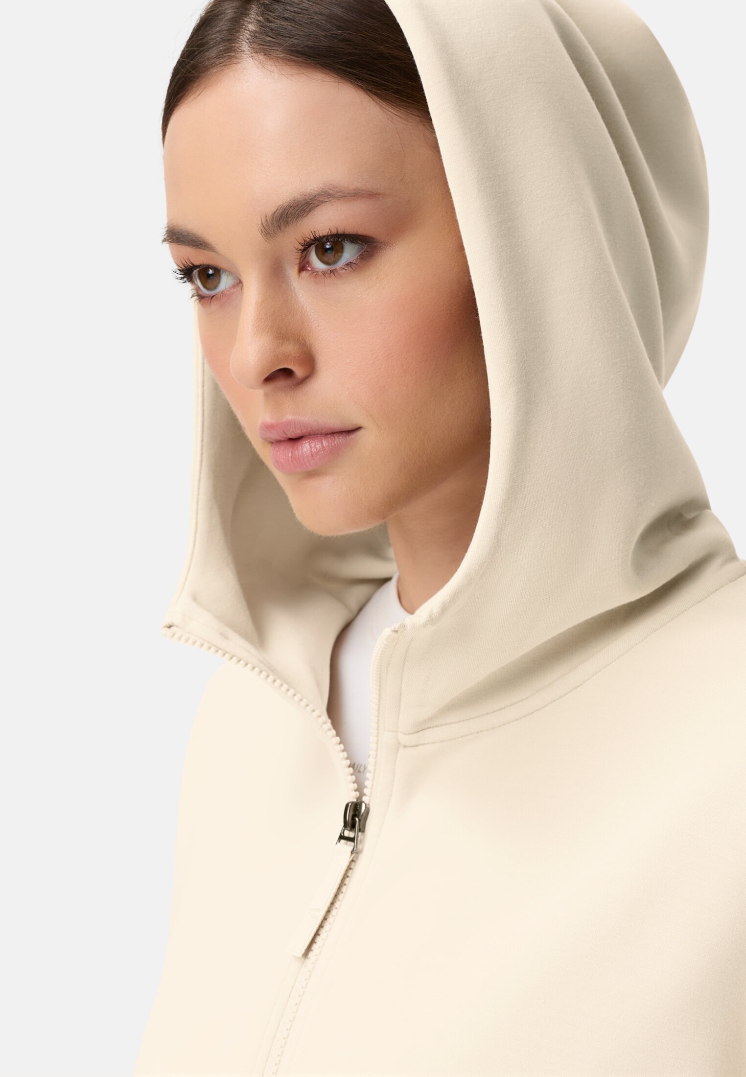 Women Sweat jacket with hood Pearl White worn detail close