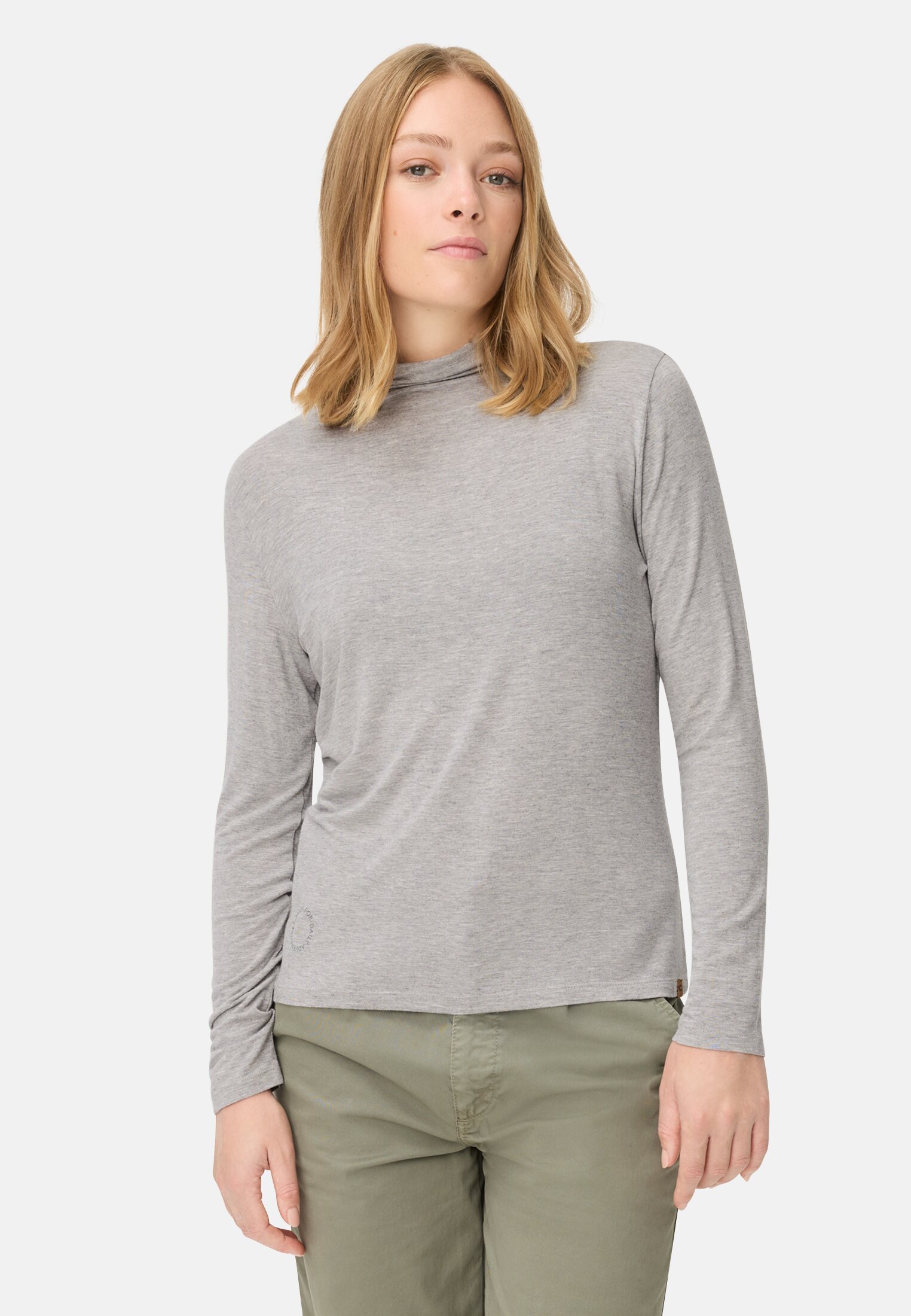 Women Long-sleeved shirt with stand-up collar Gray worn front