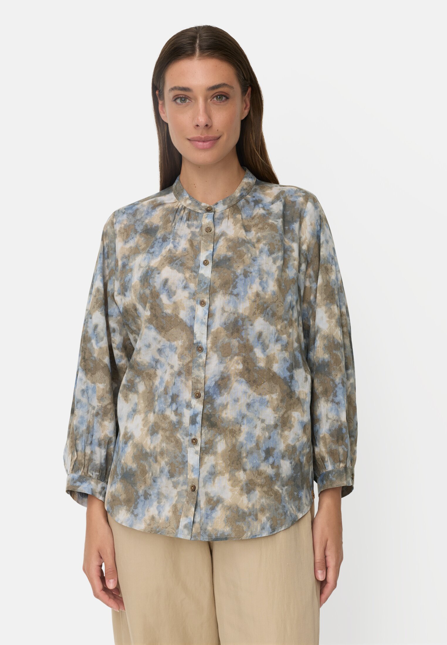 Damen Baumwollbluse mit Raglanärmeln Blau-Beige getragen vorn