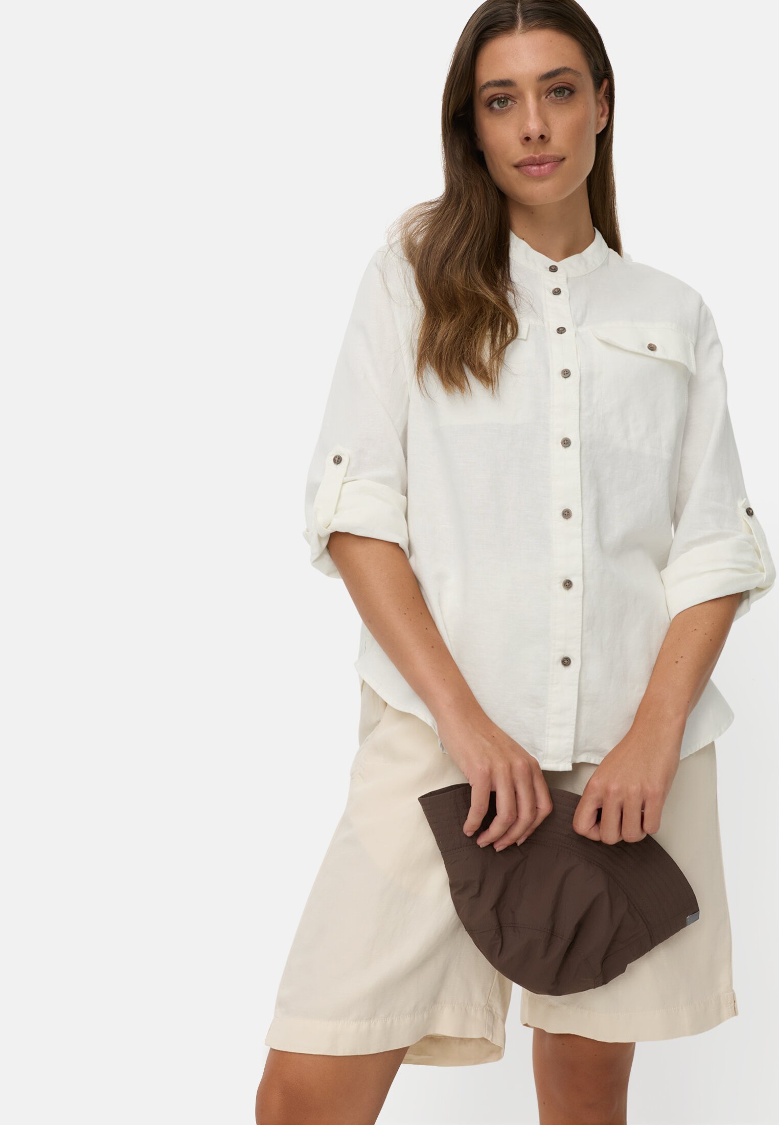 Women Blouse with stand-up collar and button placket Milk White worn emotional