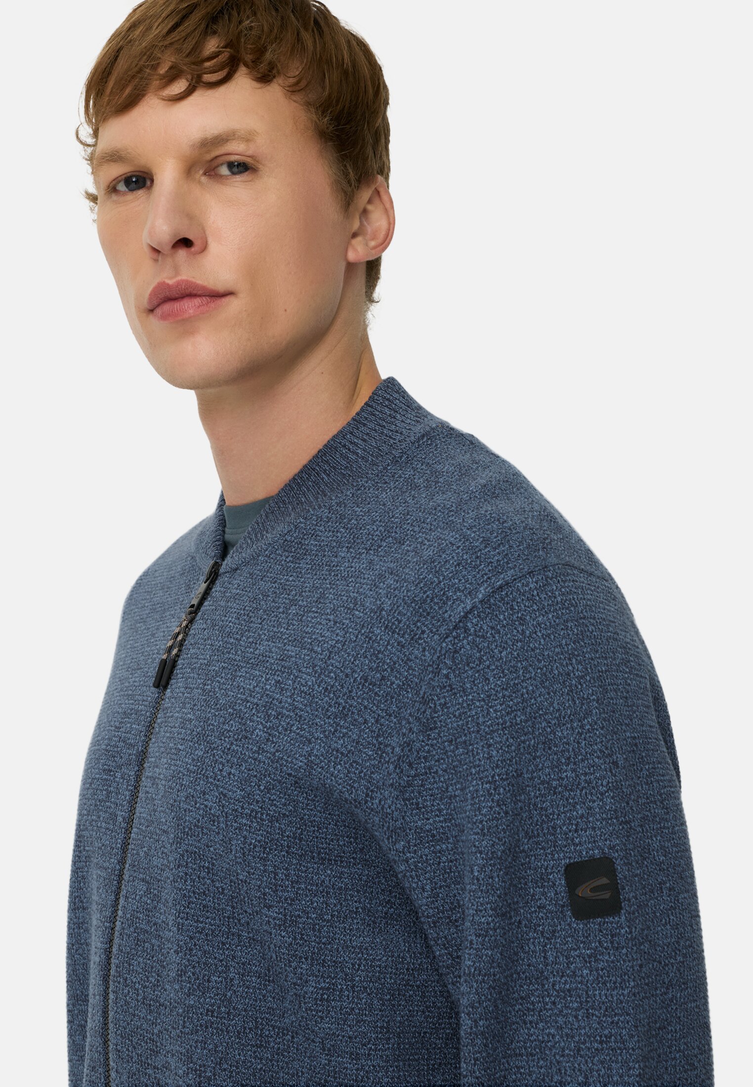 Men Cardigan with bomber collar Ink blue worn detail close
