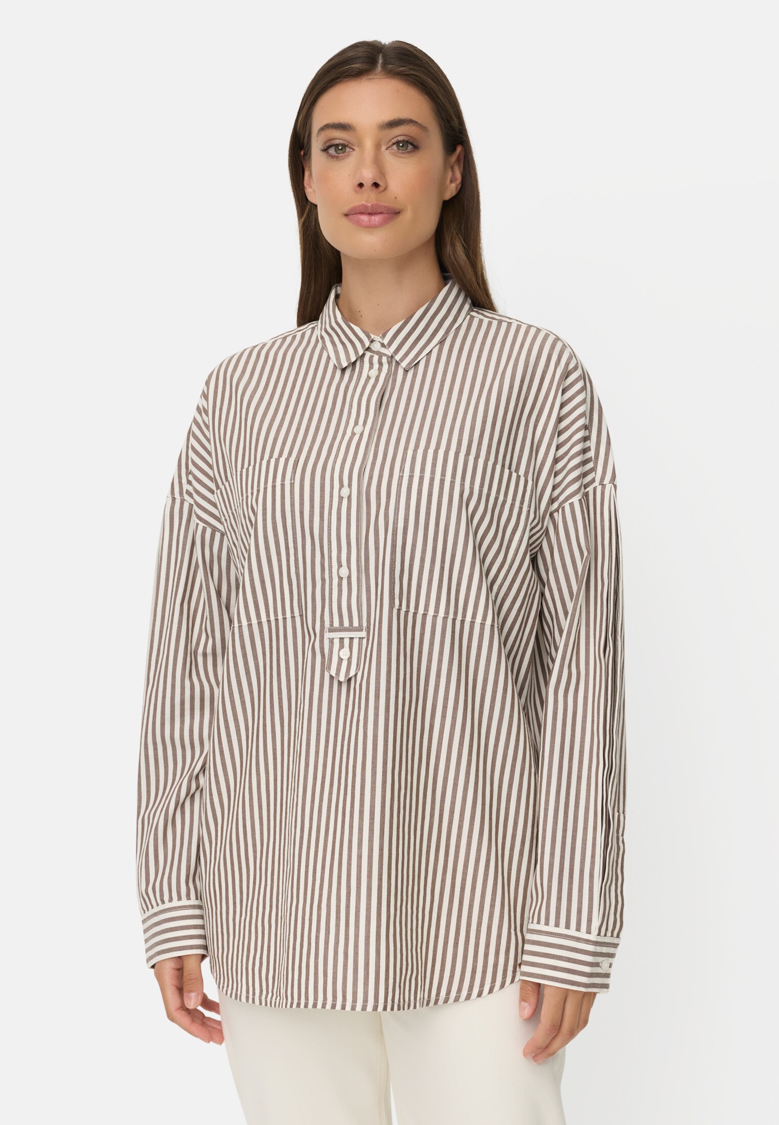 Women Cotton blouse with button placket Brown worn front
