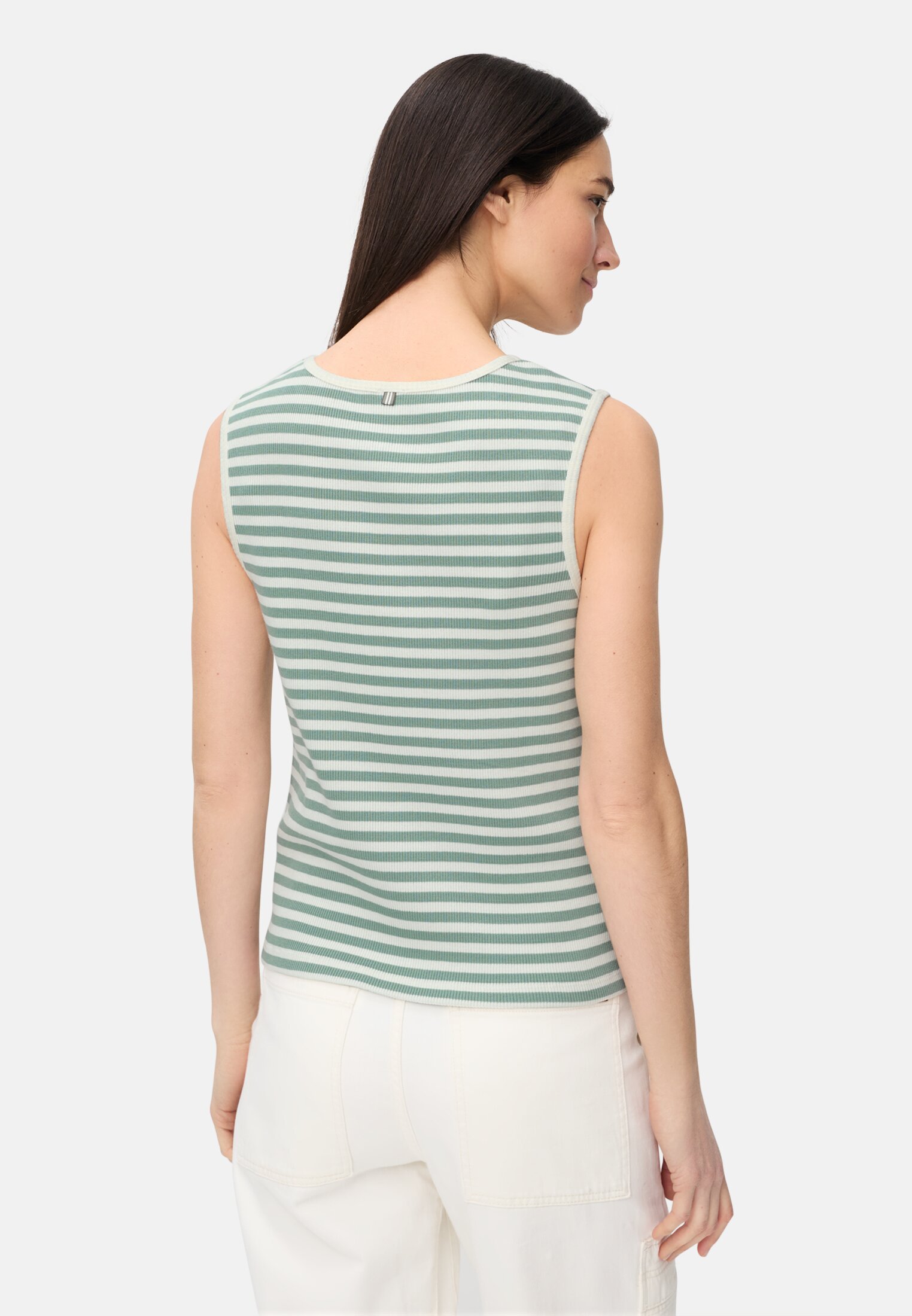 Damen Top mit Rundhalsausschnitt Jadeblau getragen hinten