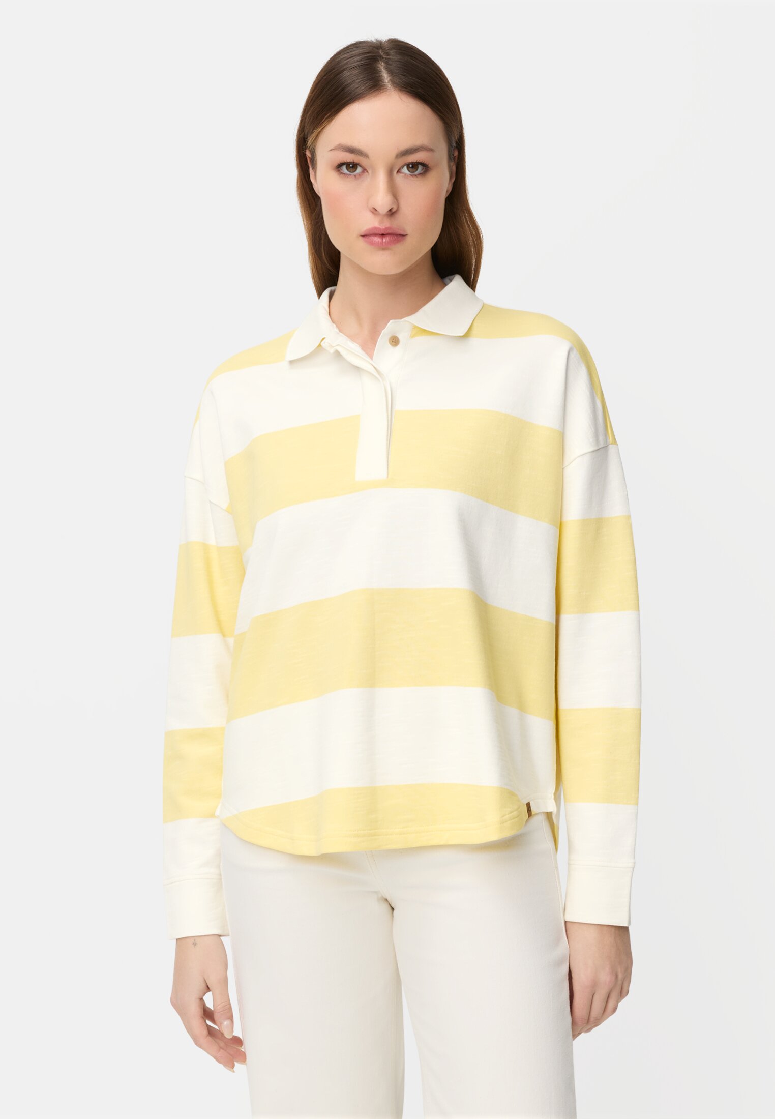 Women Sweatshirt with button placket Lemon yellow worn front