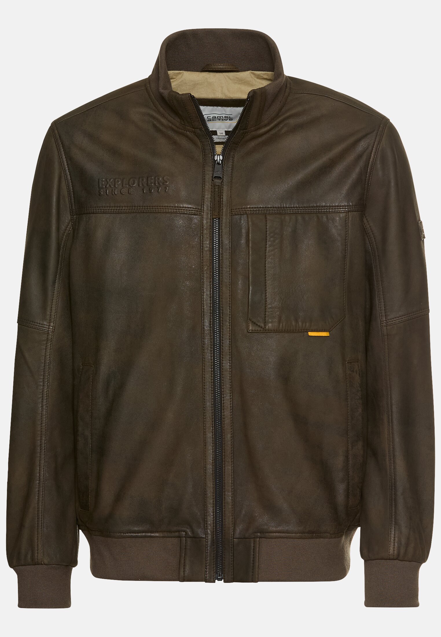 Herren Lederjacke mit Bomberkragen Olive-Braun frontal vorn