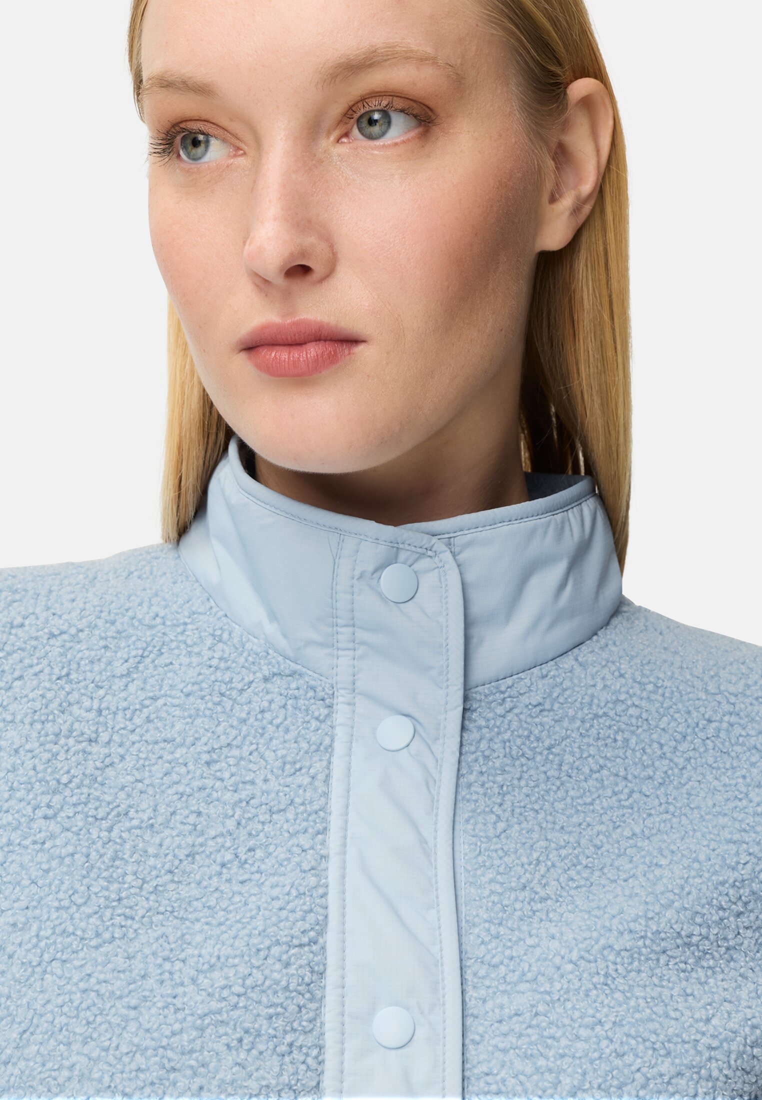 Vrouwen Teddyvest met opstaande kraag Lichtblauw gedragen detail dichtbij  