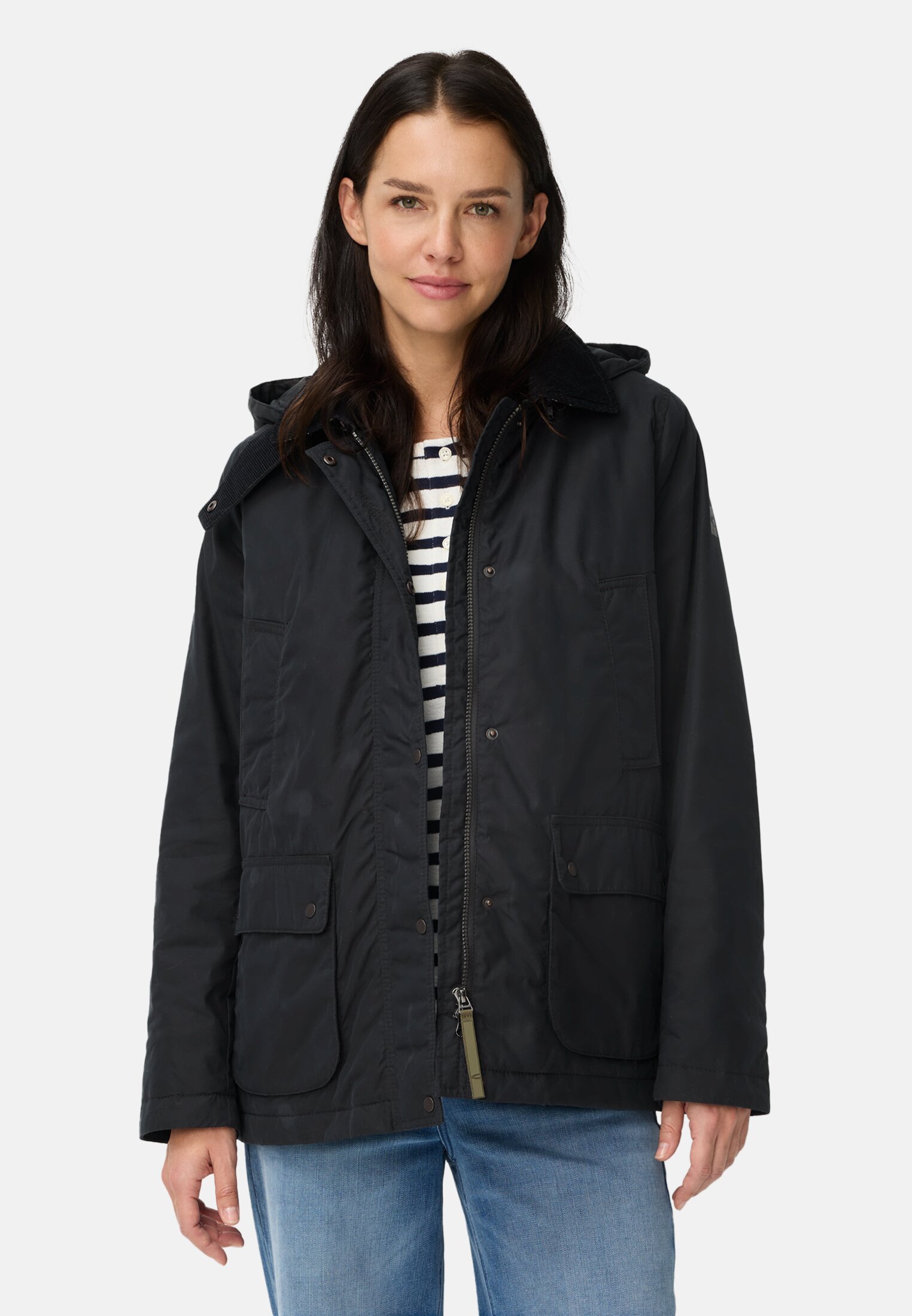 Women Outdoor Jacket with removable hood and corduroy collar Dark blue worn front
