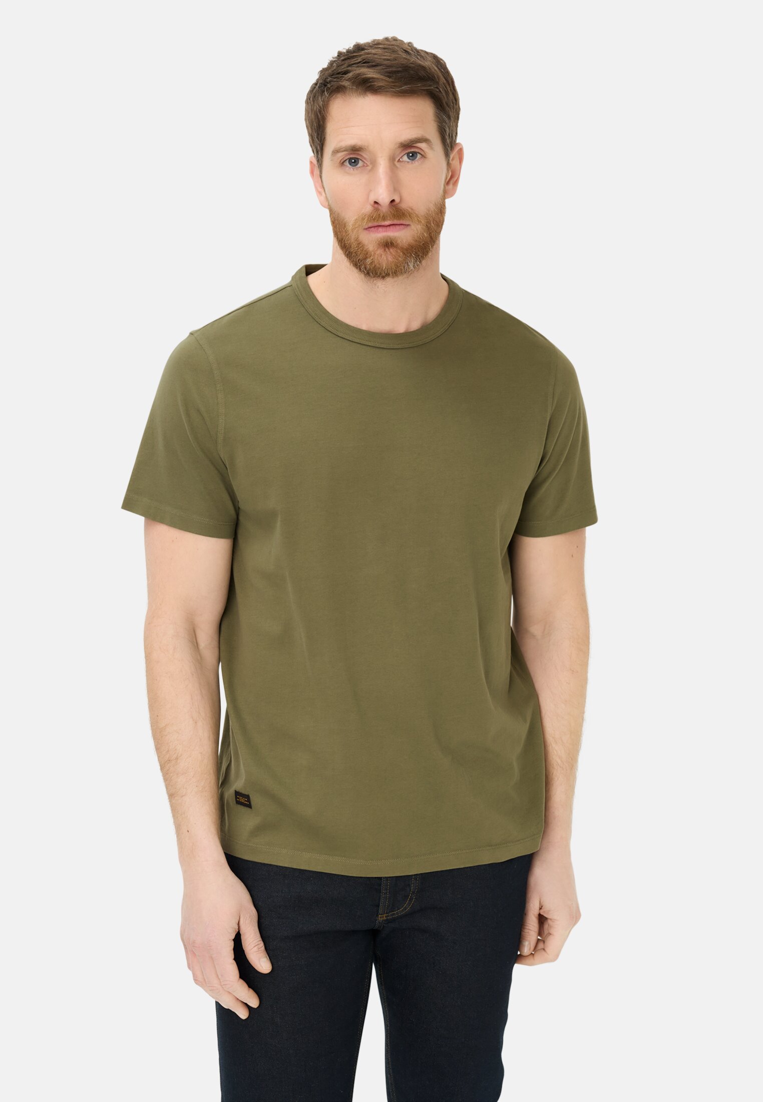 Men T-shirt with back print Olive Green worn front