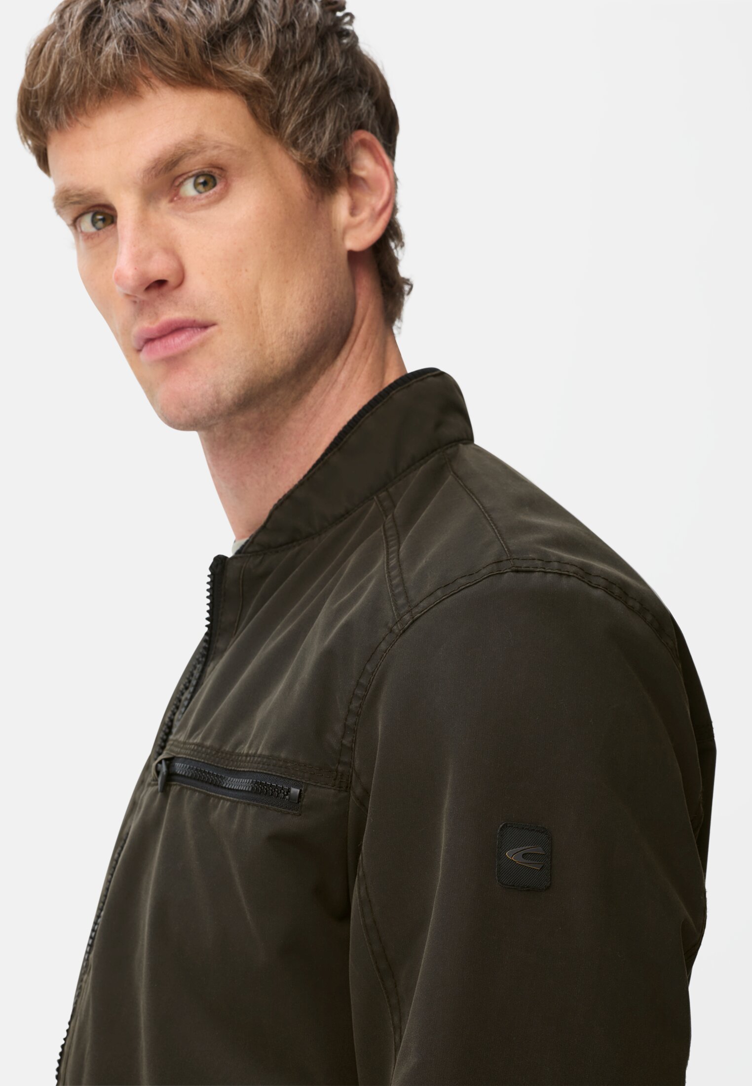Men Light bomber jacket with knitted hem Brown worn detail close