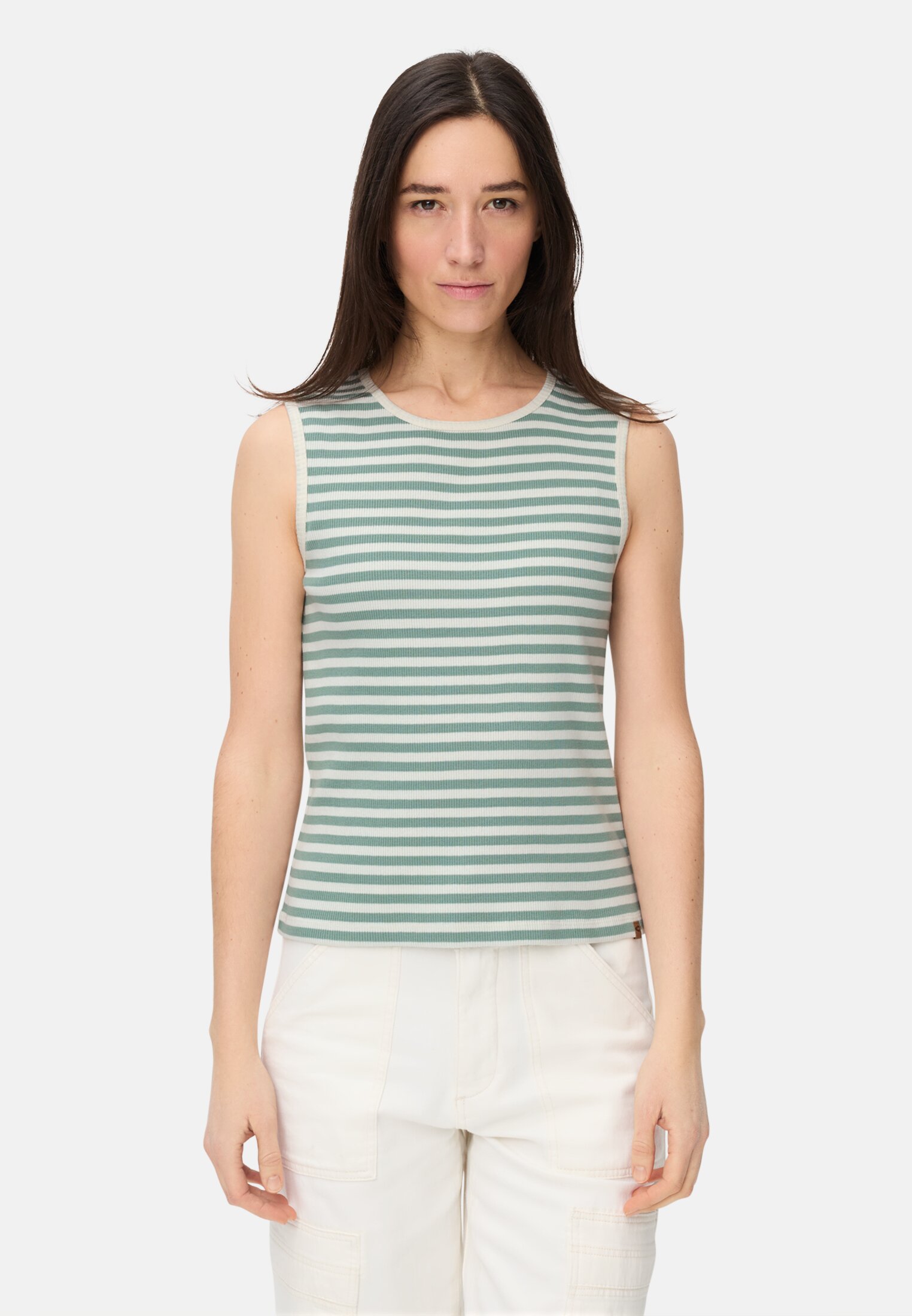 Damen Top mit Rundhalsausschnitt Jadeblau getragen vorn