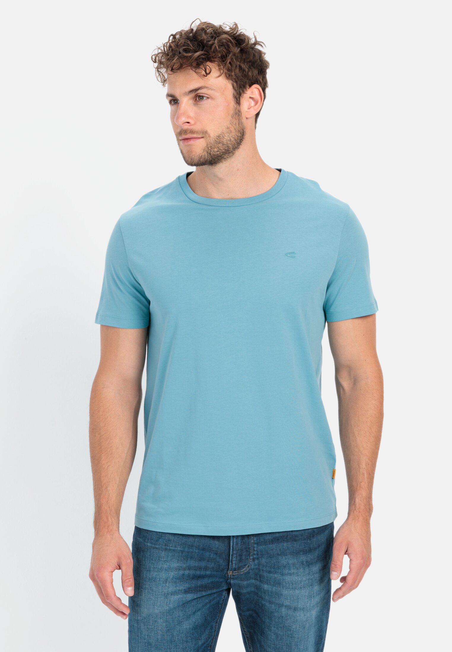 Herren Basic T-Shirt mit Rundhals aus Organic Cotton Hellblau getragen vorn